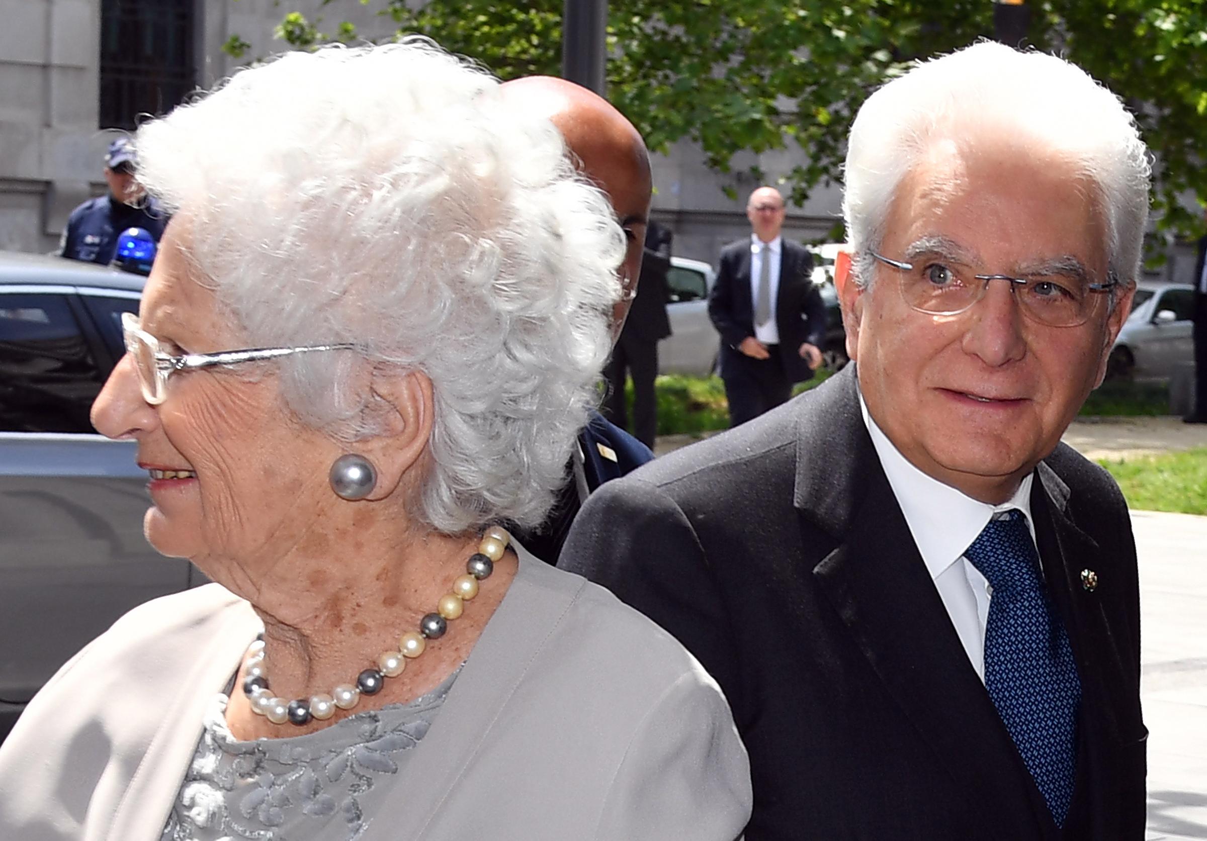 The Italian President Sergio Mattarella look at holocaust survivor and Italian Senator for Life, Liliana Segre, upon his arrival for a visit at Milan' Shoah Memorial 21 May 2019. ANSA/DANIEL DAL ZENNARO