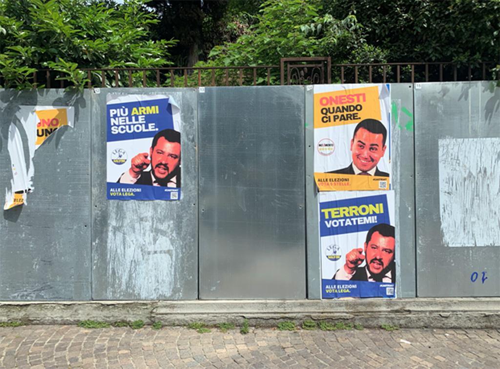 Finti manifesti elettorali con i volti di Matteo Salvini e Luigi Di Maio sono comparsi a Bologna in alcune bacheche destinate alla campagna elettorale per le Europee, 21 maggio 2019. "Terroni votatemi" e "Più armi nelle scuole" si legge in alcuni dei manifesti con il volto di Salvini, mentre Di Maio è ritratto accanto alla frase "Onesti quando ci pare". I fotomontaggi riportano in basso la firma #castigat. ANSA/ FEDERICO BALLETTI