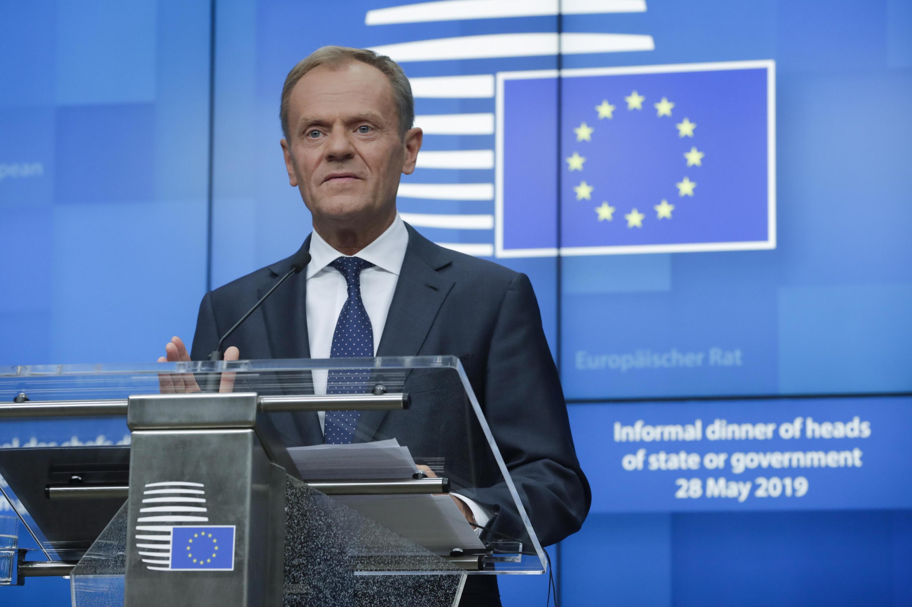 epa07608816 European Council President Donald Tusk gives a press briefing at the end of  Special EU summit in Brussels, Belgium, 28 May 2019. Two days after European Elections, EU heads of state or government gather for a summit to discuss the outcome of the vote and start the nomination process for the heads of the EU institutions.  EPA/OLIVIER HOSLET