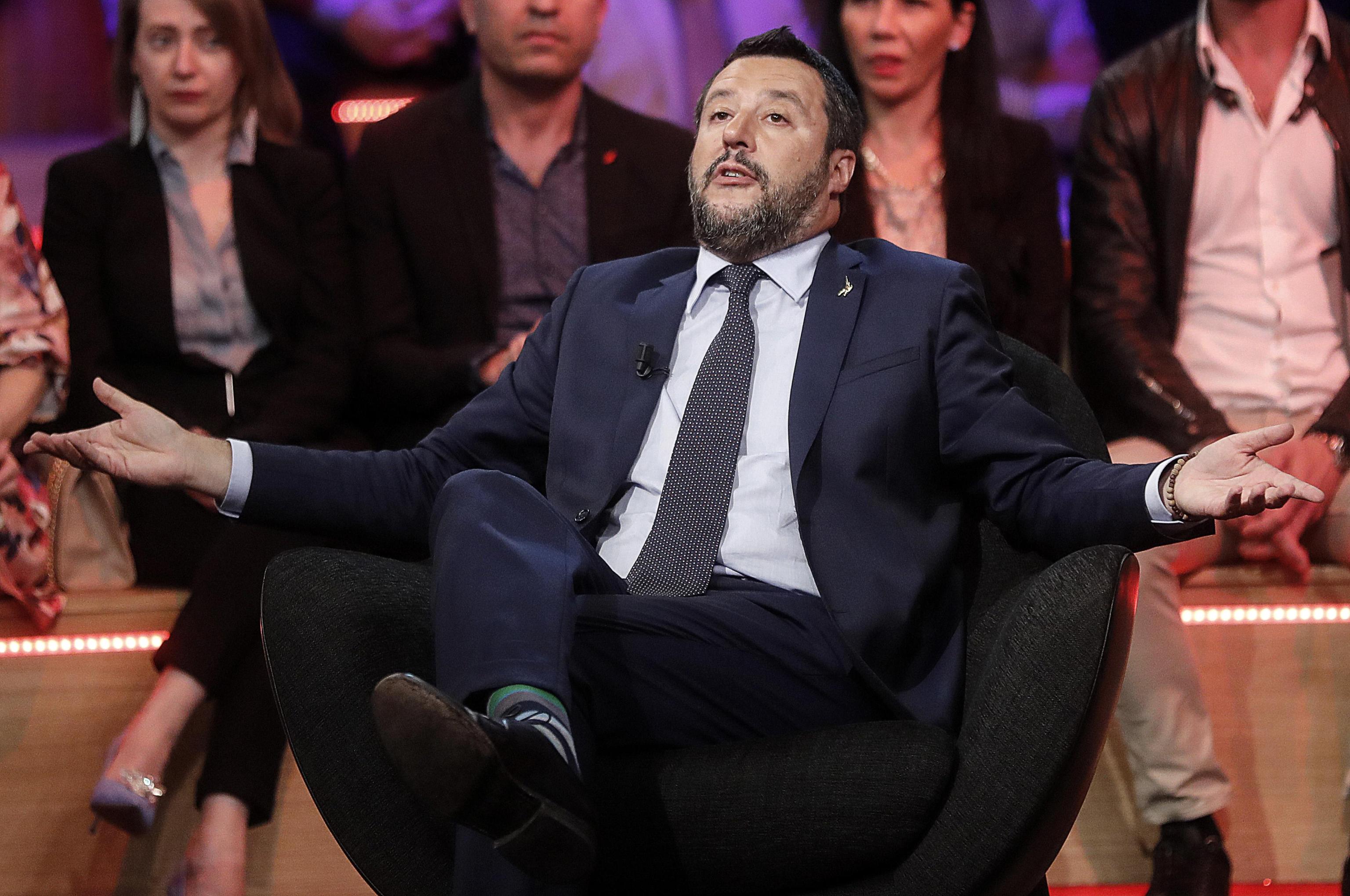 Matteo Salvini, vice premier e ministro dell'Interno, durante la trasmissione televisiva Quarta Repubblica in onda su Rete 4, Roma, 27 maggio 2019. ANSA/RICCARDO ANTIMIANI