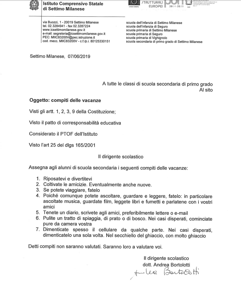 Il dirigente scolastico assegna agli alunni di scuola secondaria di I grado i seguenti compiti delle vacanze: 