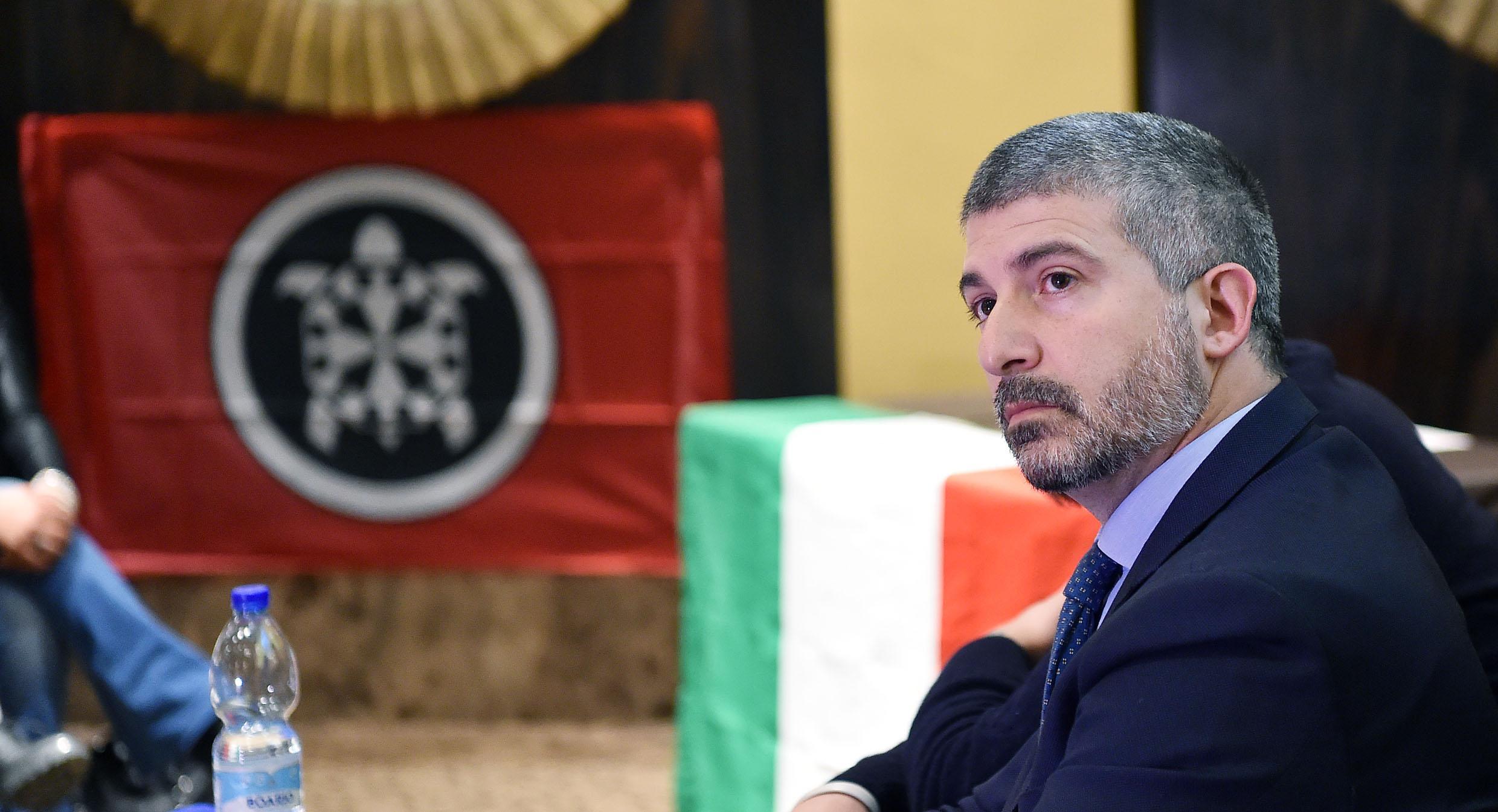 Leader of Italian far-right movement "CasaPound", Simone Di Stefano, during an electoral meeting in Turin, Italy, 09 May 20190.
ANSA/ALESSANDRO DI MARCO