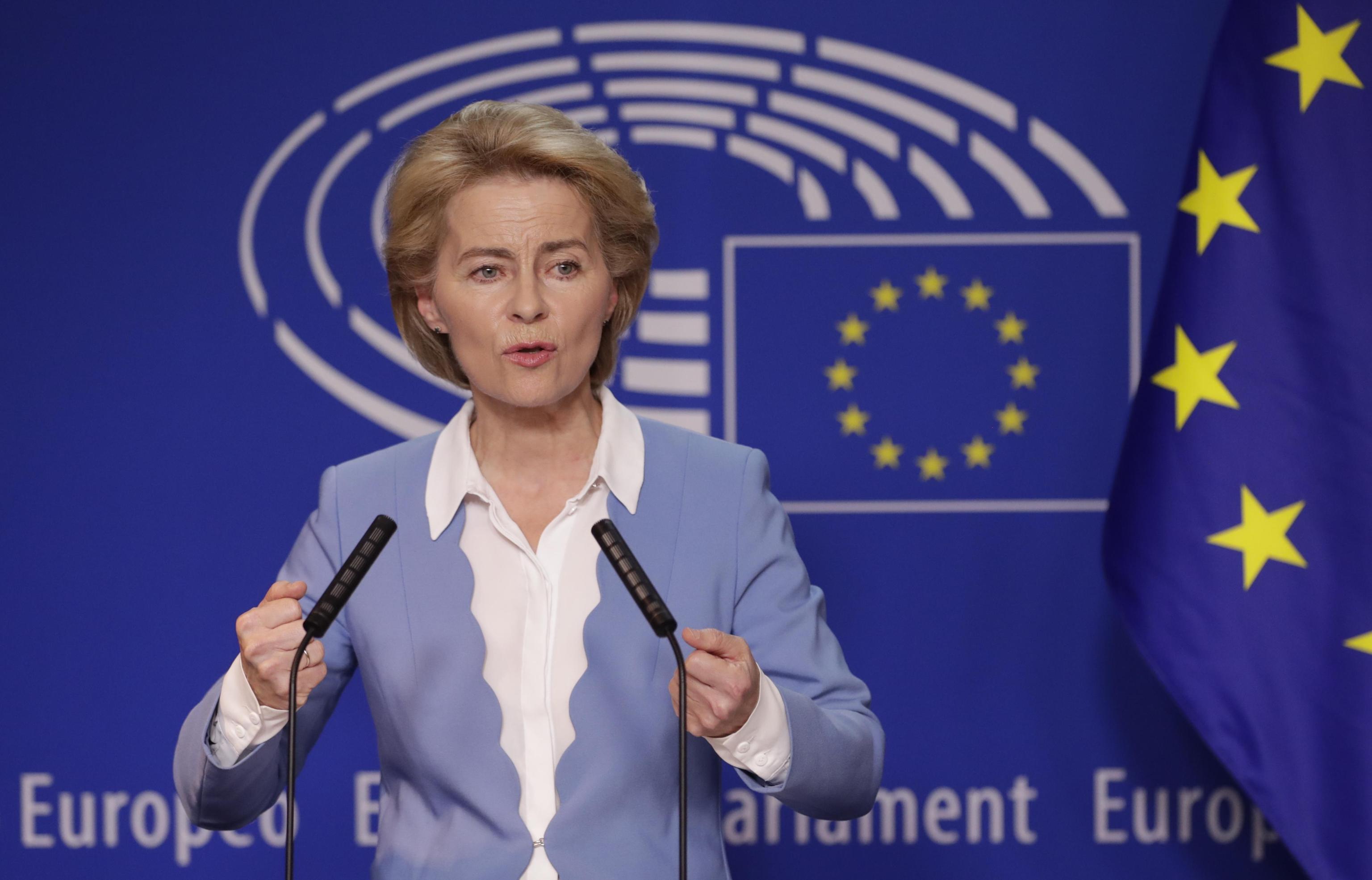 epa07708008 Ursula von der Leyen the nominated President of the European Commission gives a press briefing following a meeting of Political groups Presidents at European Parliament in Brussels, Belgium, 10 July 2019. Von der Leyen is meeting alll groups about her  nomination as the head of the European Commission, a vote will take place next week at plenary session of the parliament.  EPA/OLIVIER HOSLET