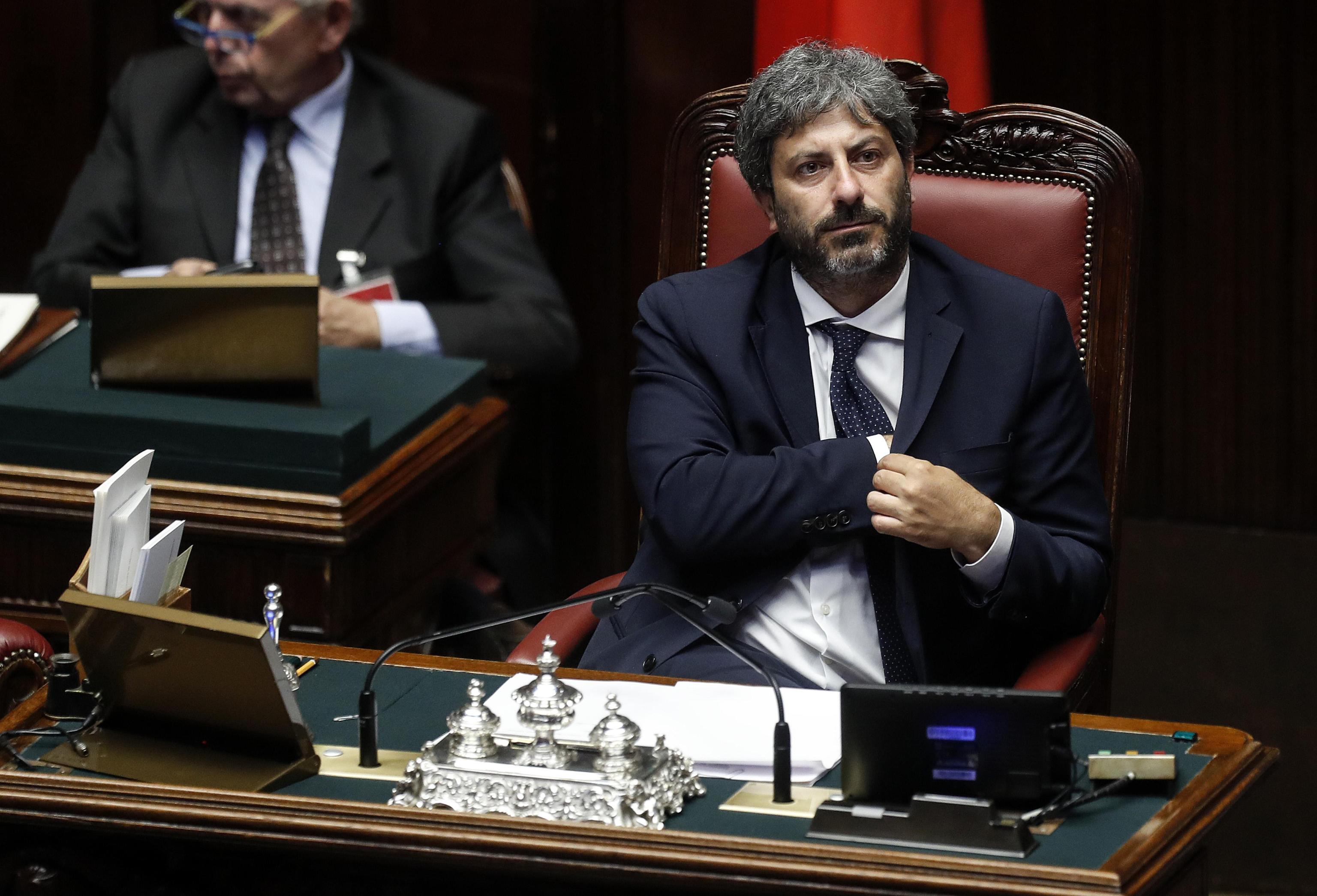 Roberto Fico, president of the Lower House, listens to the Italian Prime Minister Giuseppe Conte's speech about the next European Council 
Rome, 16 october 2019. ANSA/RICCARDO ANTIMIANI