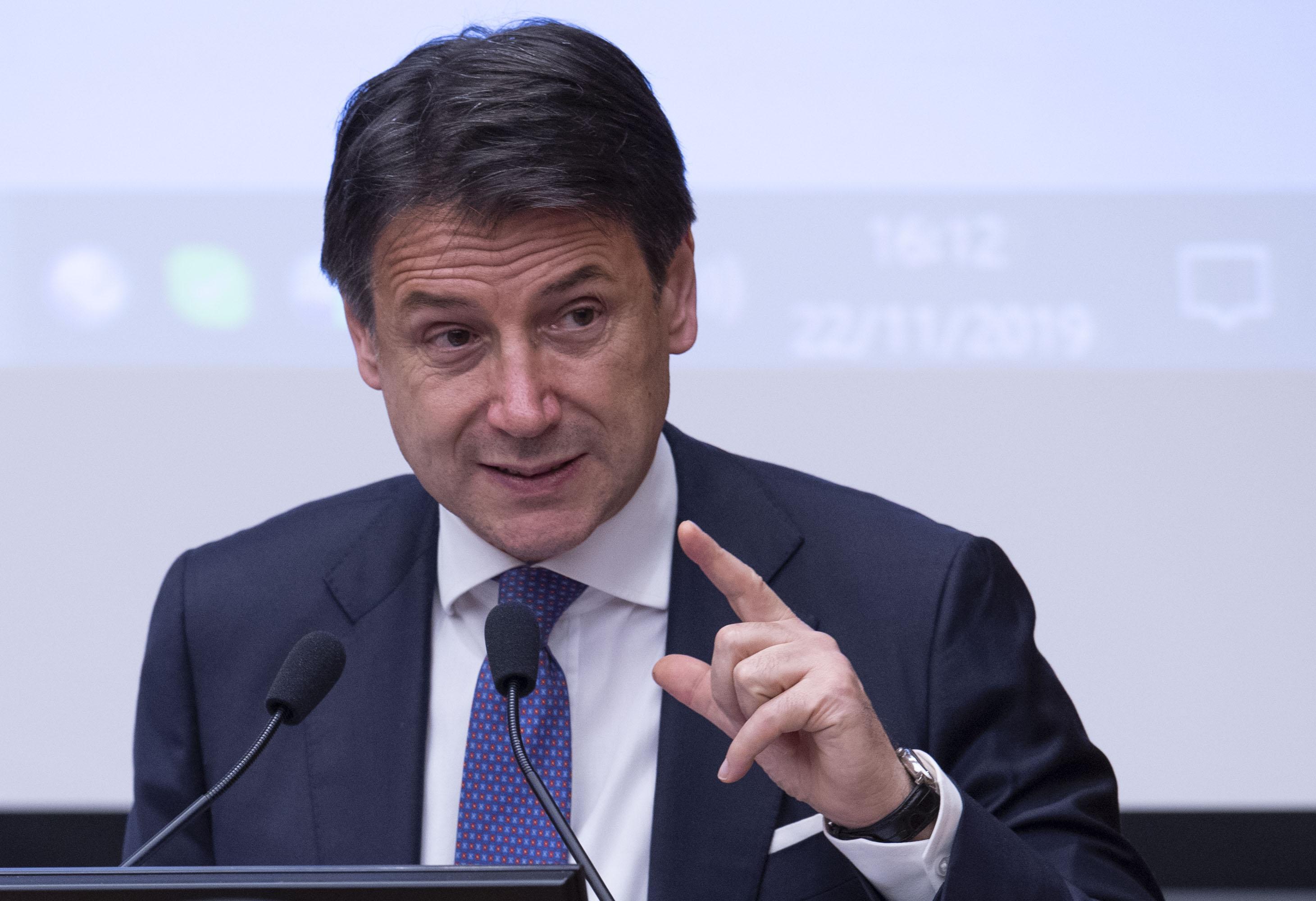 L'intervento del presidente del Consiglio, Giuseppe Conte, alla conferenza sullo statuto etico e giuridico dell'Intelligenza Artificiale a Roma, 22 novembre 2019.    ANSA/MAURIZIO BRAMBATTI
