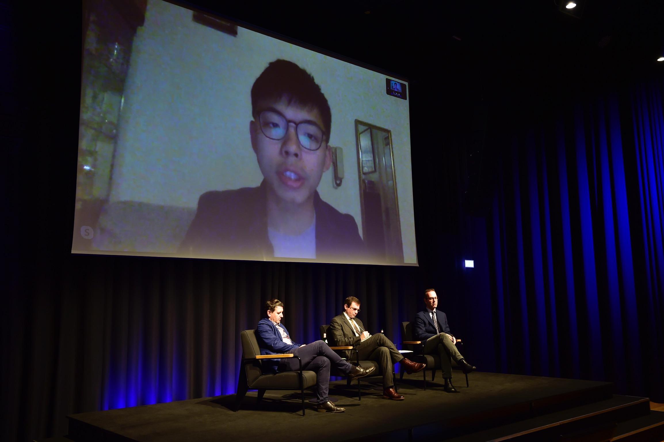 Joshua Wong, pro-democracy activist and secretary-general of the Demosisto party, during a video link at the event 'Hong Kong Democracy' in the Feltrinelli Foundation in Milan, Italy, 27 November 2019.
ANSA/FOTOGRAMMA