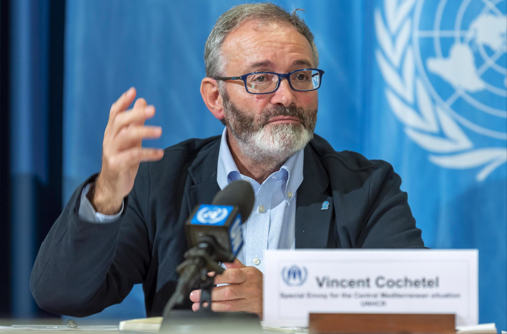 epa07927654 Vincent Cochetel, Special Envoy for the Central Mediterranean situation, speaks about the update on UNHCR's operations in the Central Mediterranean and in Libya, during a press conference, at the European headquarters of thed United Nations in Geneva, Switzerland, Thursday, October 17, 2019. EPA/MARTIAL TREZZINI

