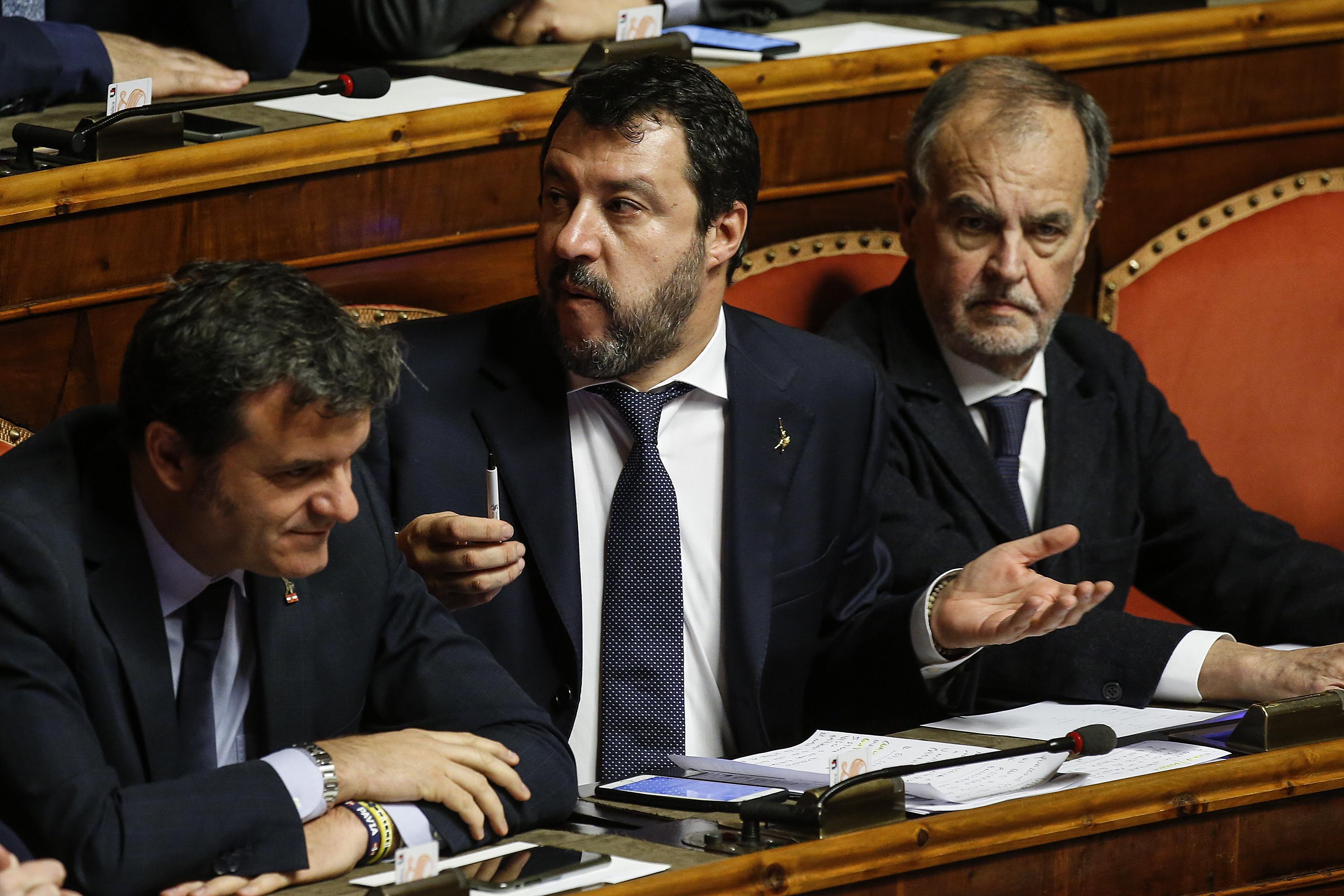 League secretary Matteo Salvini (C) at the Senate, Rome, 2 december 2019. Prime Minister Giuseppe Conte reported on the European Stability Mechanism (ESM) as coalition infighting deepen on the reform of the eurozone's bailout fund, media reported. Italy's government will hold a vote in parliament abut the reform next week.  ANSA/FABIO FRUSTACI