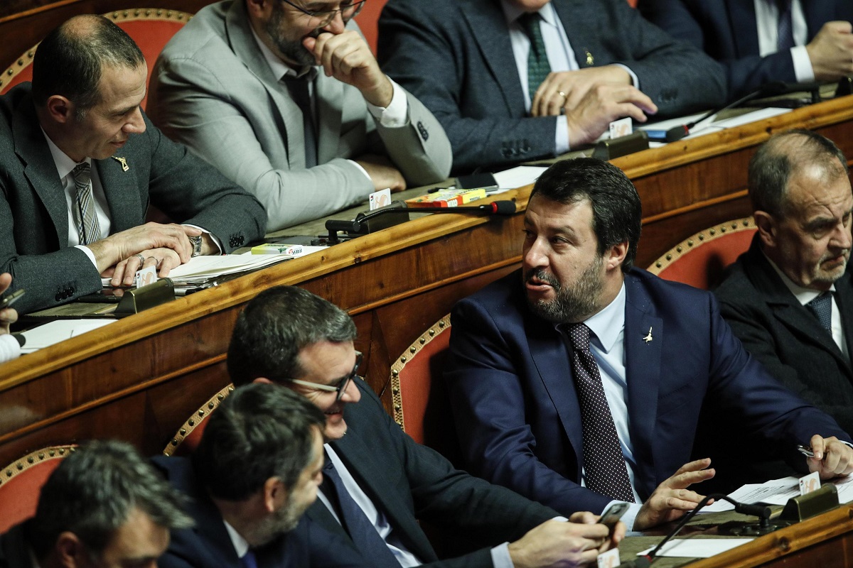 Matteo Salvini al Senato durante le comunicazioni del presidente del Consiglio Giuseppe Conte in vista del Consiglio europeo, Roma 11 dicembre 2019. ANSA/GIUSEPPE LAMI