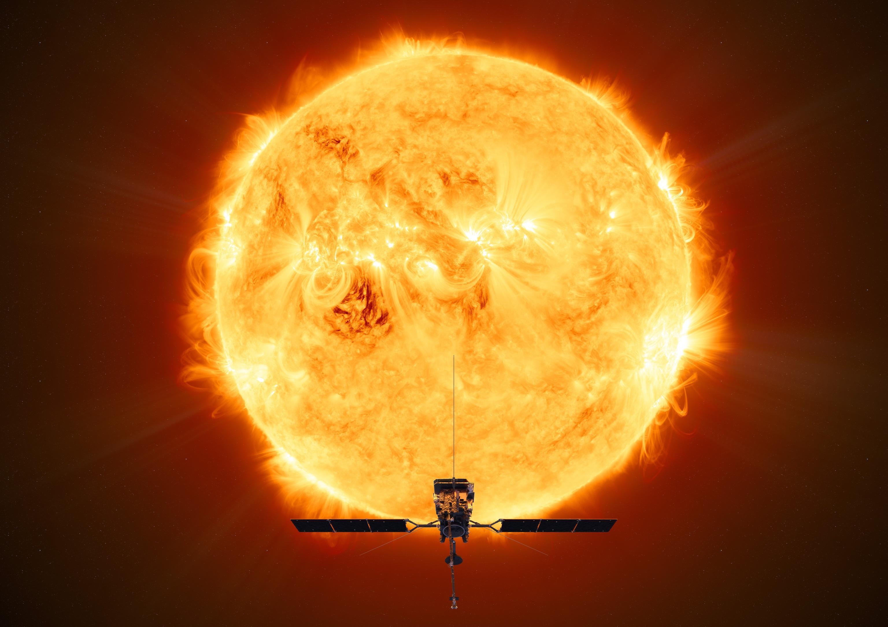An undated handout image made available by ESA shows an illustration of ESA's (European Space Agency's) Solar Orbiter spacecraft against the backdrop of an image of the Sun (issued 09 February 2020). Solar Orbiter will capture the very first images of the Sun's polar regions. These images will provide key insights into the poorly-understood magnetic environment there, which helps drive the Sun's 11-year cycle and its periodic outpouring of solar storms. NASA is targeting 04:03 UTC on 10 February 2020 for the launch of Solar Orbiter, an international collaborative mission between ESA and NASA. The spacecraft will launch on a United Launch Alliance Atlas V 411 rocket from Space Launch Complex 41 at Cape Canaveral Air Force Station (CCAFS) in Florida, USA.  ANSA/ESA/ATG MediaLab HANDOUT  HANDOUT EDITORIAL USE ONLY/NO SALES HANDOUT EDITORIAL USE ONLY/NO SALES