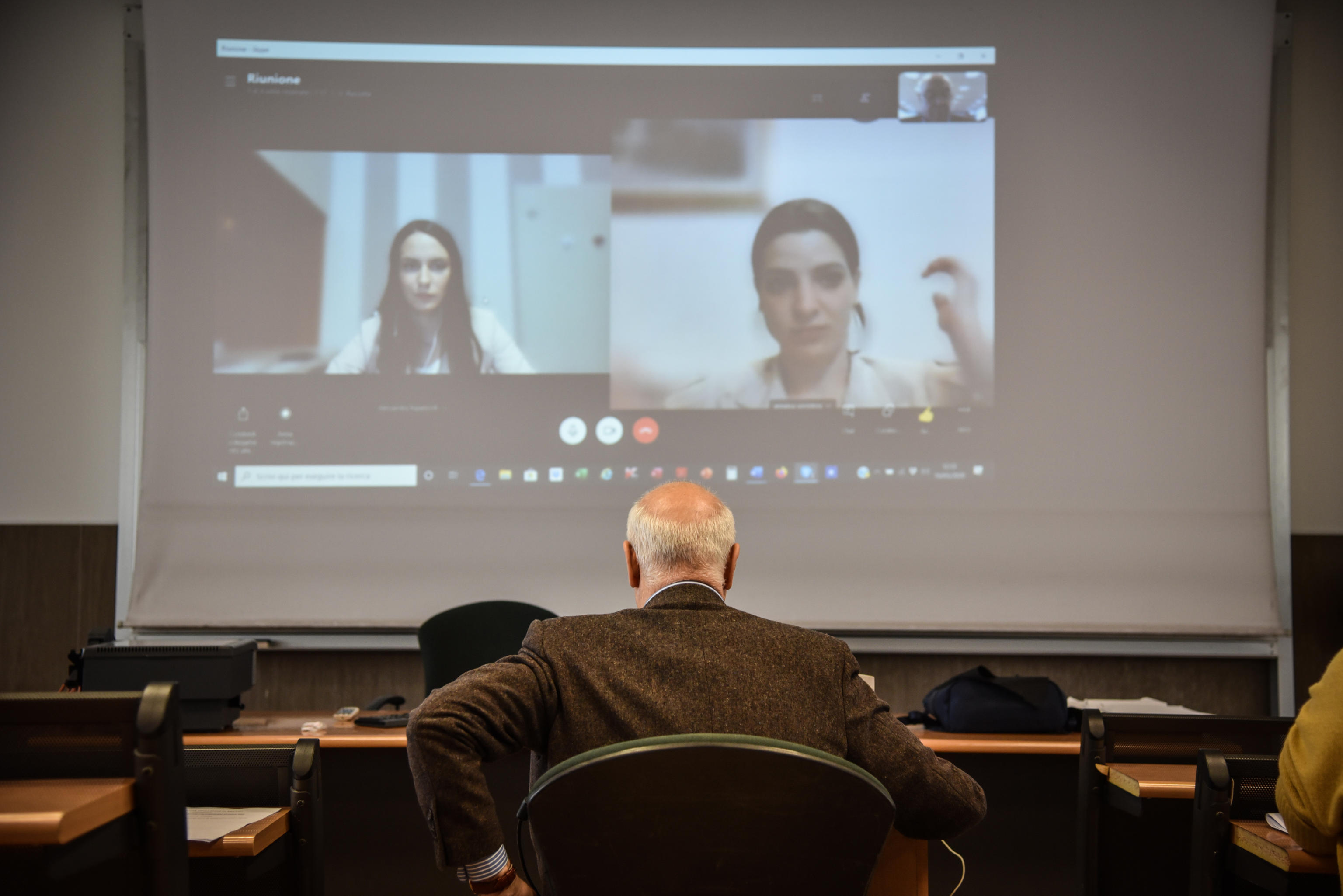The award ceremony delivery of nursing university degrees to students which took place by conference call in a classroom of the State University of Milan, Italy, 10 March 2020. The ceremony scheduled in April has been brought forward to March 10 to have immediatly nurses available due to the coronavirus emergency Covid-19. ANSA/MATTEO CORNER