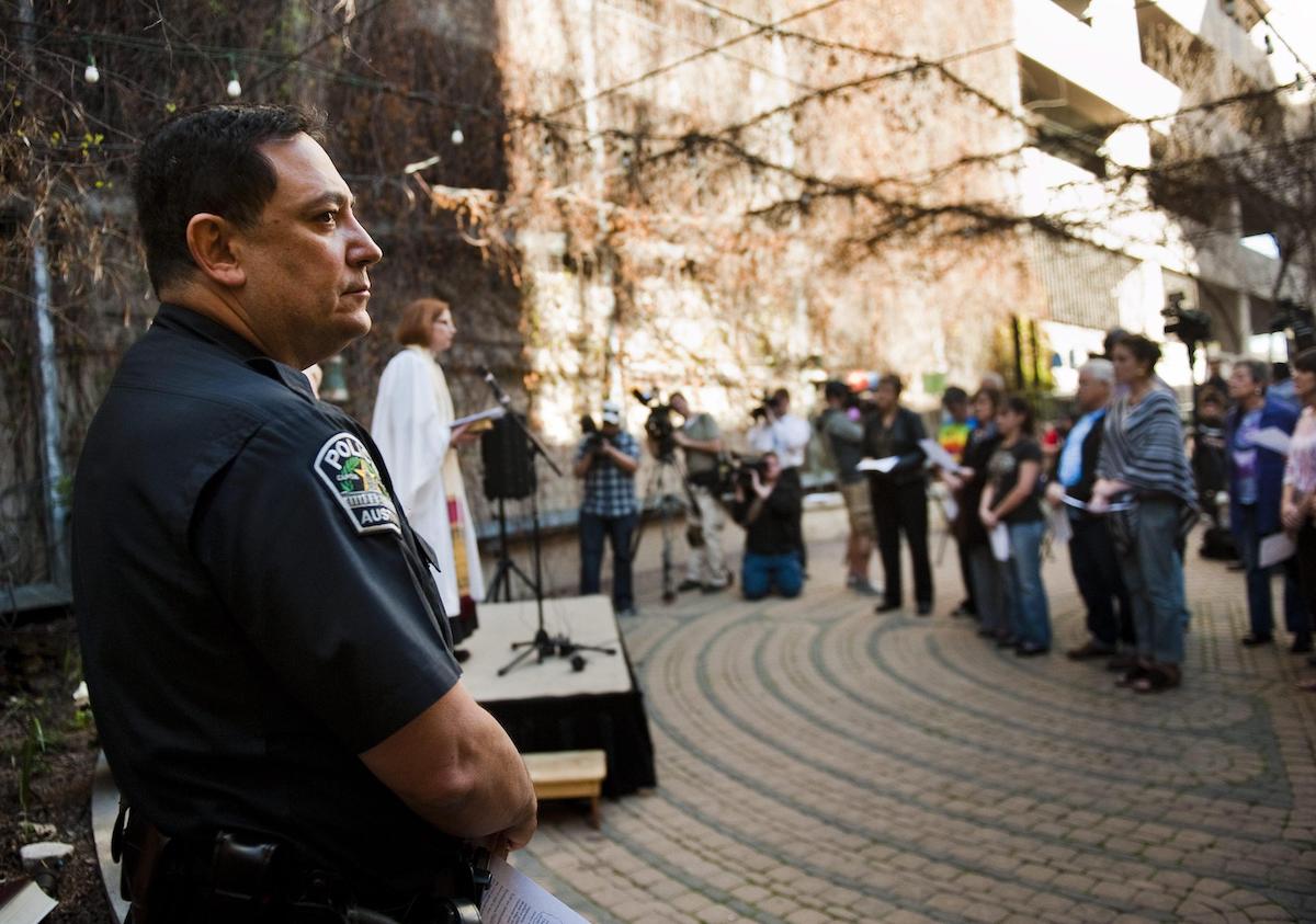 epa04124340 Austin Police Chief Art Acevedo listens outside St. David's Episcopal church during a vigil honoring victims of a vehicle-pedestrian accident during the music portion of South by Southwest in Austin, Texas, USA, 13 March 2014.   South by Southwest (SXSW) Conferences and Festivals offer the unique convergence of original music, independent films, and emerging technologies.  Motorist Rashad Charjuan Owens, 21, of Killeen, TX collided with a bicycle and a moped and drove in to a crowd gathered near The Mowhawk night club, killing two and injuring 23.  Owens fled an attempted traffic stop by Austin police around 12:30 a.m. on 13 March, then drove through barricades on Red River St.  Owens is charged with two counts of capitol murder and 23 counts of aggravated assault with a vehicle.  EPA/ASHLEY LANDIS