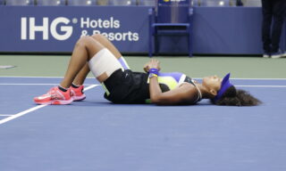 epa08665451 Naomi Osaka of Japan reacts after defeating Victoria Azarenka of Belarus to win the Women's Final match on the thirteenth day of the US Open Tennis Championships the USTA National Tennis Center in Flushing Meadows, New York, USA, 12 September 2020. Due to the coronavirus pandemic, the US Open is being played without fans and runs from 31 August through 13 September.  EPA/JASON SZENES