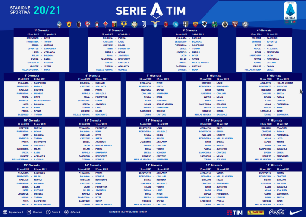 Calcio Serie a calendario stagione 2020-2021