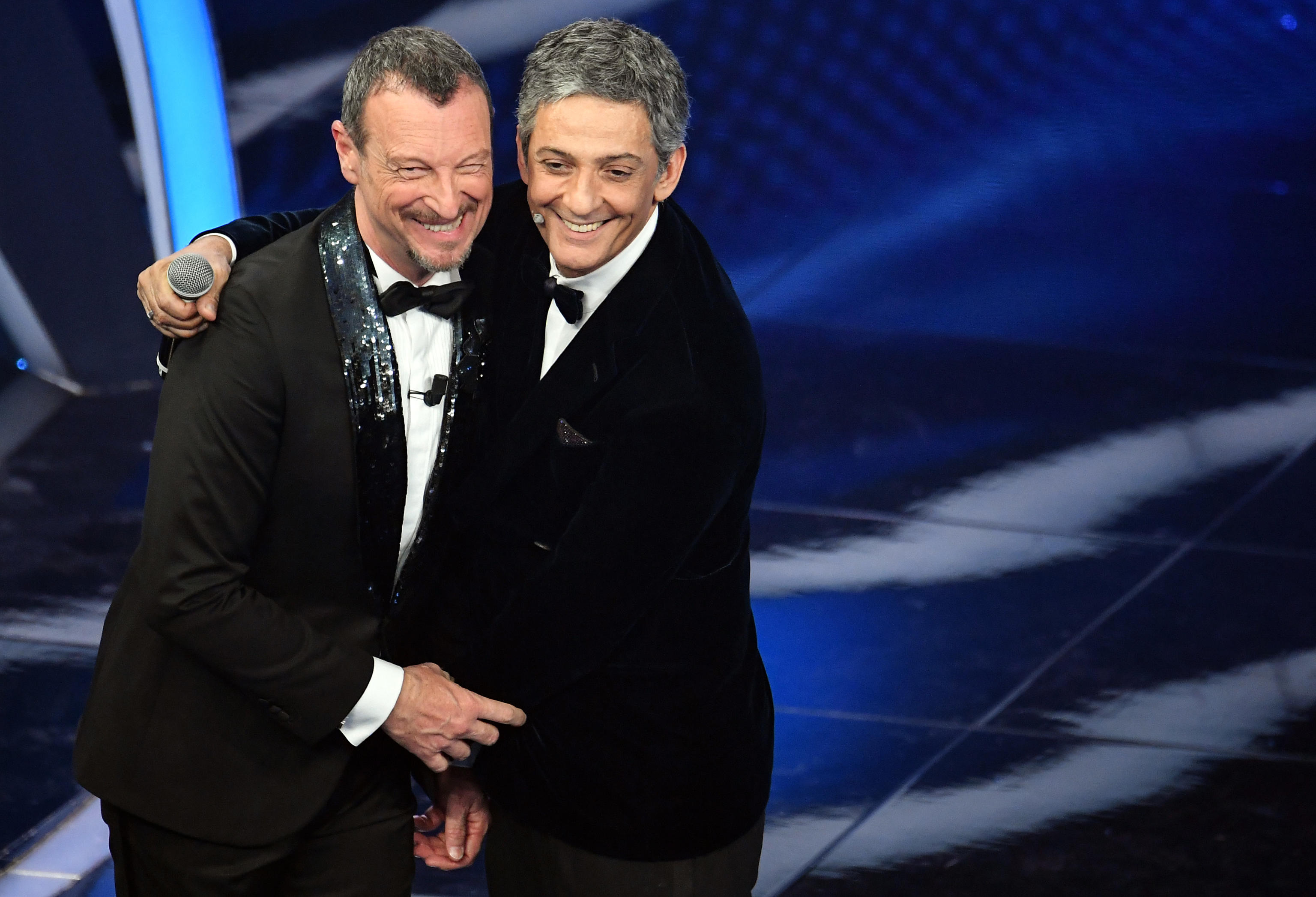 Italian showman Rosario Fiorello (R) with Italian Sanremo Festival artistic director Amadeus (L) on stage at the Ariston theatre during the 70th Sanremo Italian Song Festival, Sanremo, Italy, 08 February 2020. The festival runs from 04 to 08 February.  ANSA/ETTORE FERRARI