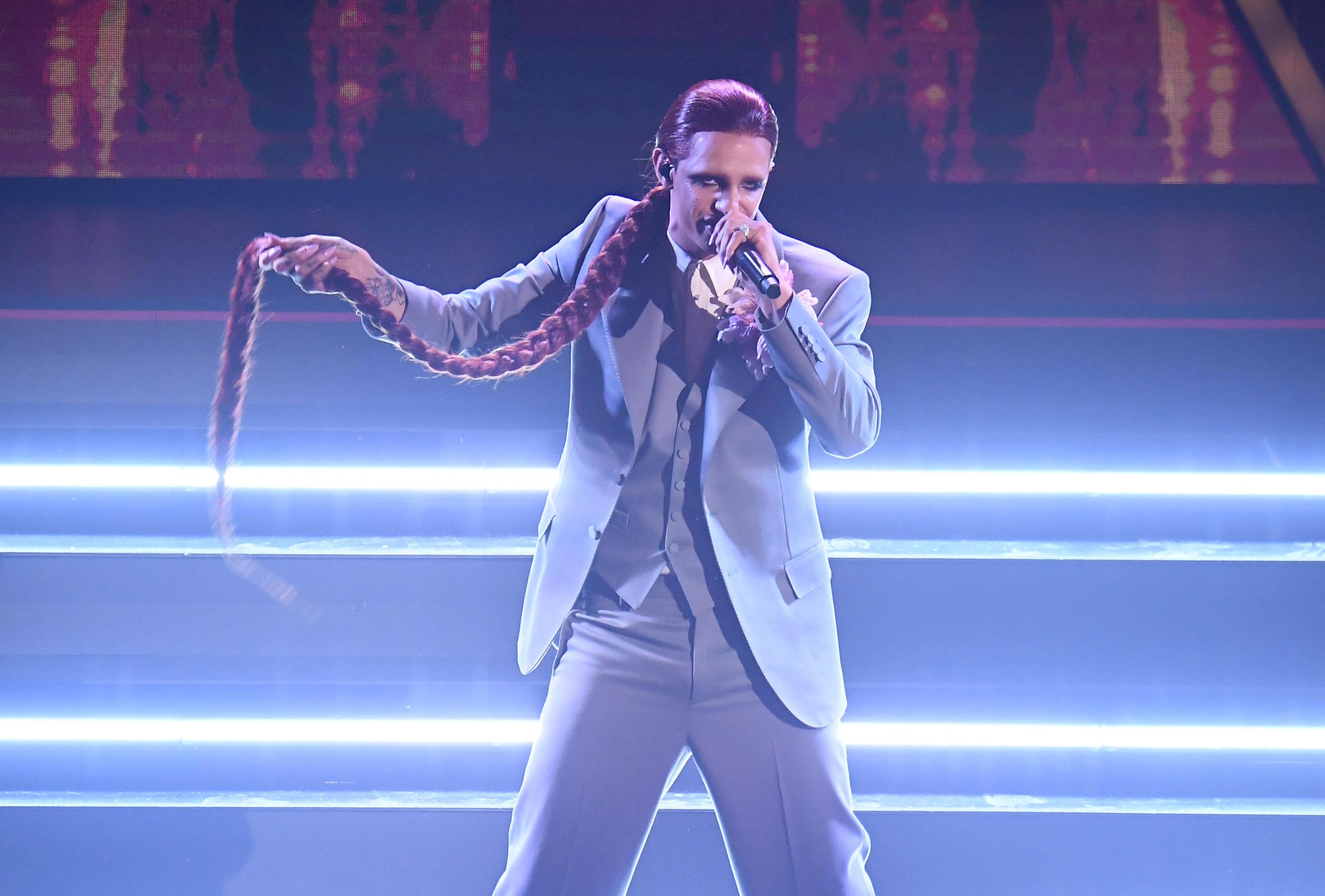 Italian singer Achille Lauro performs on stage at the Ariston theatre during the 71st Sanremo Italian Song Festival, Sanremo, Italy, 03 March 2021. The festival runs from 02 to 06 March.    ANSA/ETTORE FERRARI