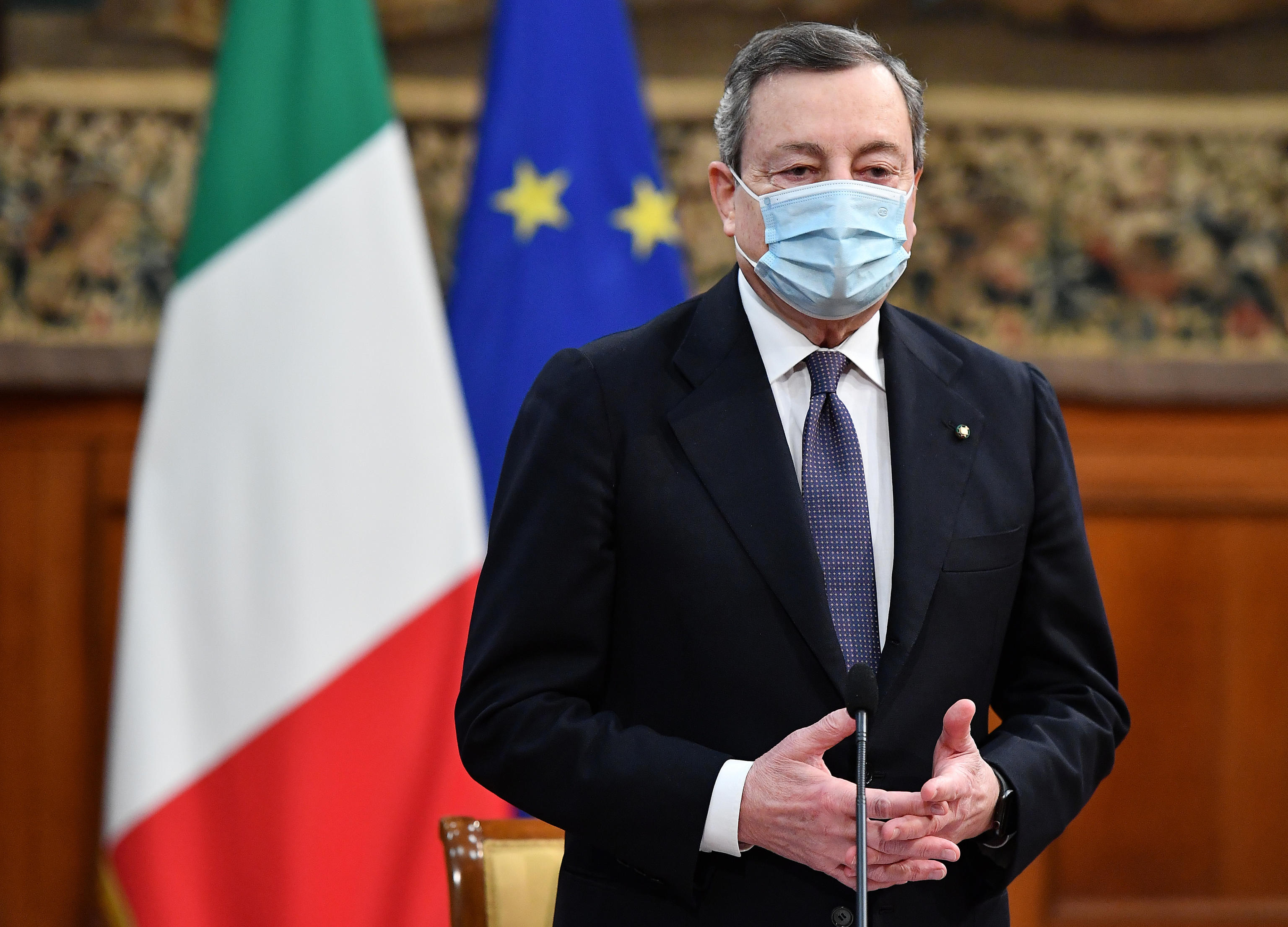 The Prime Minister, Mario Draghi during the signing of the '' Pact for the innovation of public work and social cohesion '', at Palazzo Chigi, Rome, Italy, 10 March 2021.  ANSA/ETTORE FERRARI