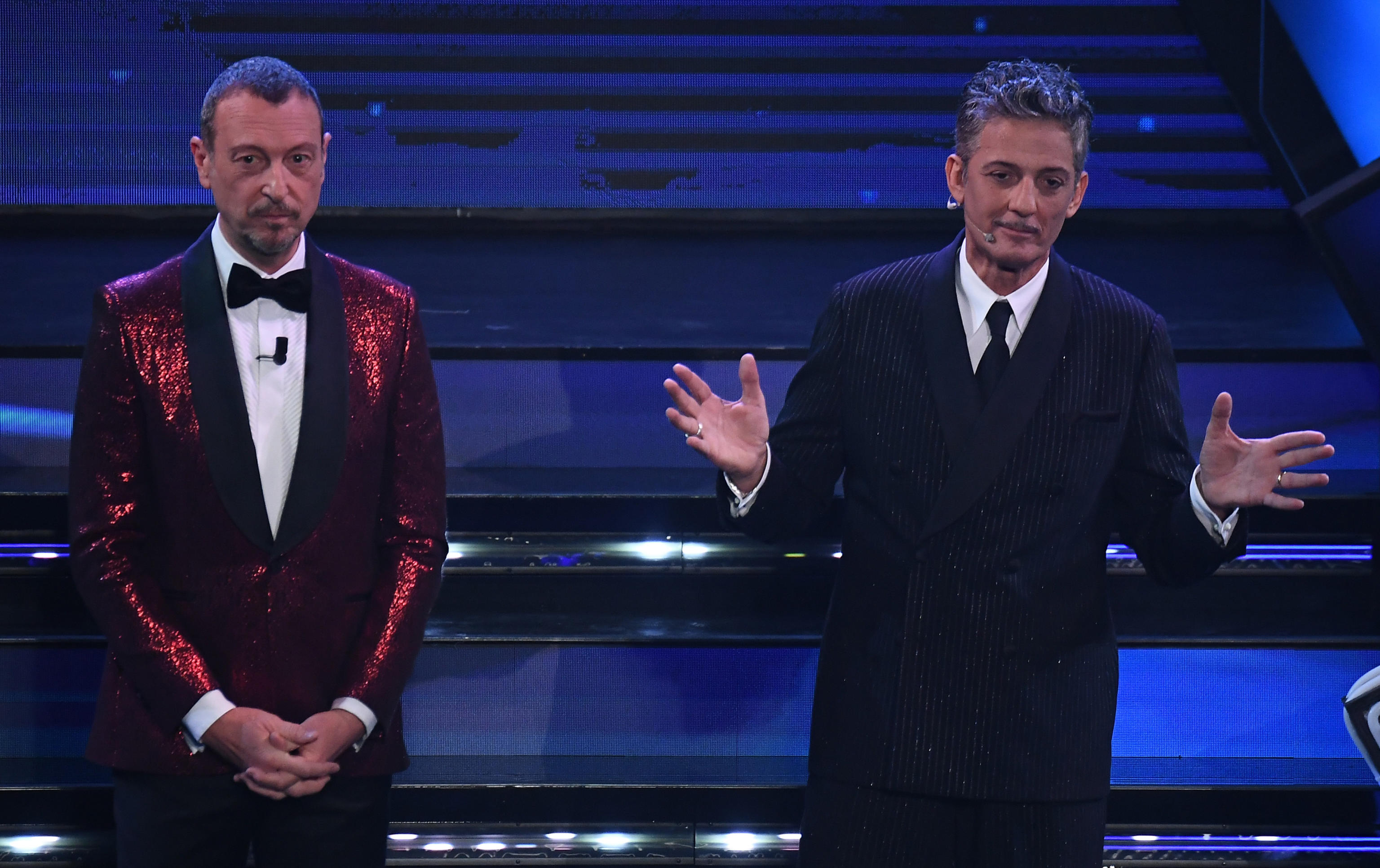 Sanremo Festival host and artistic director, Amadeus, and Italian showman Rosario Fiorello (R) on stage at the Ariston theatre during the 71st Sanremo Italian Song Festival, Sanremo, Italy, 04 March 2021. The festival runs from 02 to 06 March.    ANSA/ETTORE FERRARI