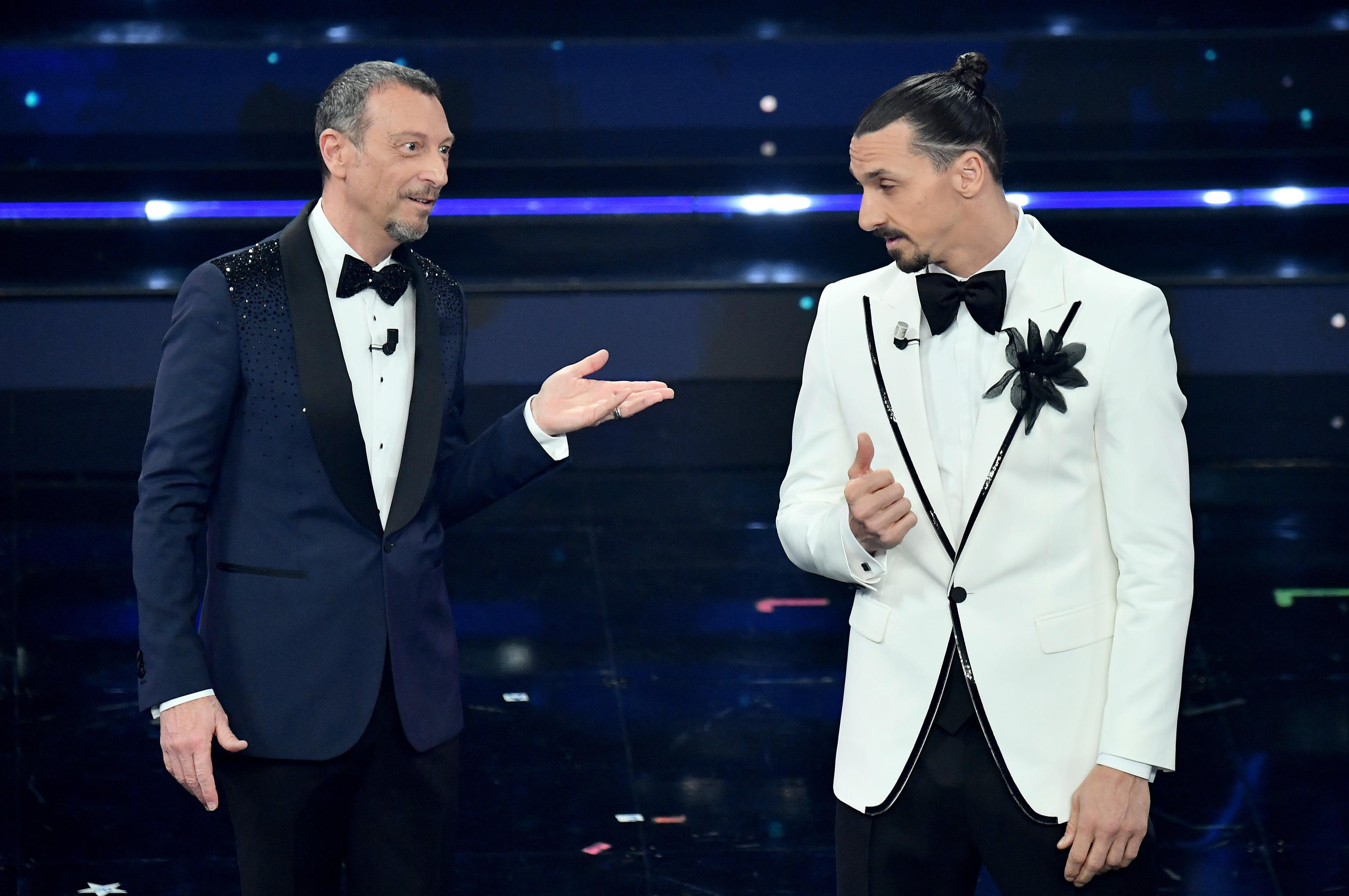 Sanremo Festival host and artistic director, Amadeus and Milan's Swedish forward Zlatan Ibrahimovic on stage at the Ariston theatre during the 71st Sanremo Italian Song Festival, Sanremo, Italy, 06 March 2021. The festival runs from 02 to 06 March.    ANSA/ETTORE FERRARI