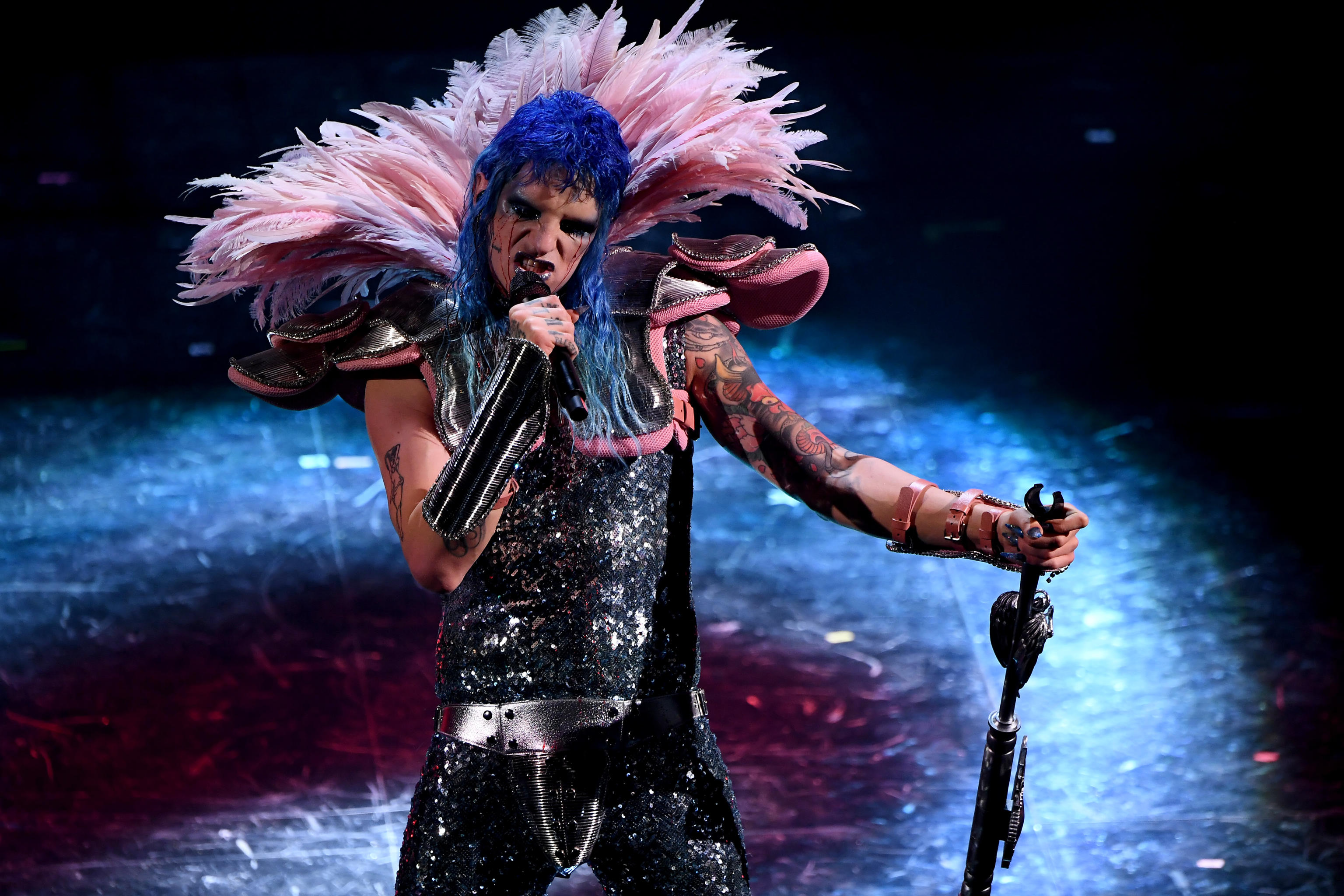 Italian singer Achille Lauro performs on stage at the Ariston theatre during the 71st Sanremo Italian Song Festival, Sanremo, Italy, 02 March 2021. The festival runs from 02 to 06 March.    ANSA/ETTORE FERRARI