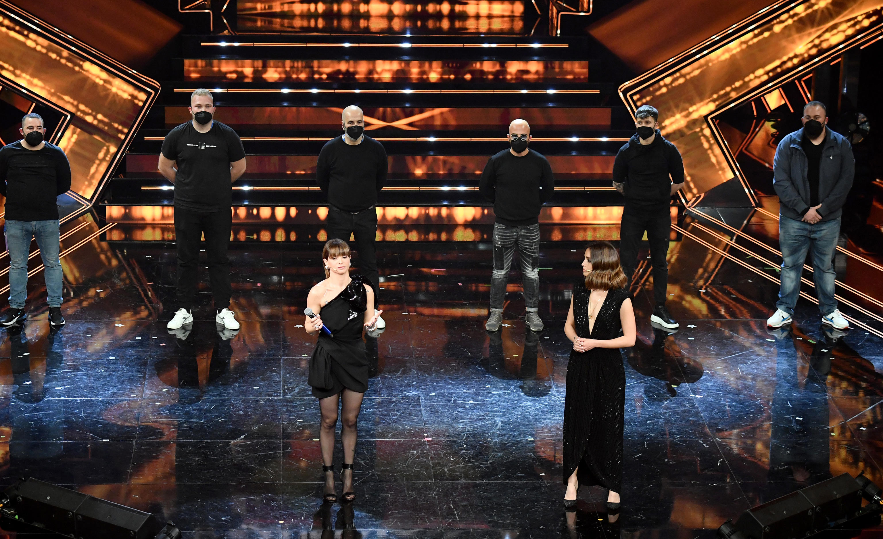 Italian singer Alessandra Amoroso and Italian actress Matilde Gioli perform on stage at the Ariston theatre during  the 71st Sanremo Italian Song Festival, Sanremo, Italy, 05 March 2021. The festival runs from 02 to 06 March.    ANSA/ETTORE FERRARI