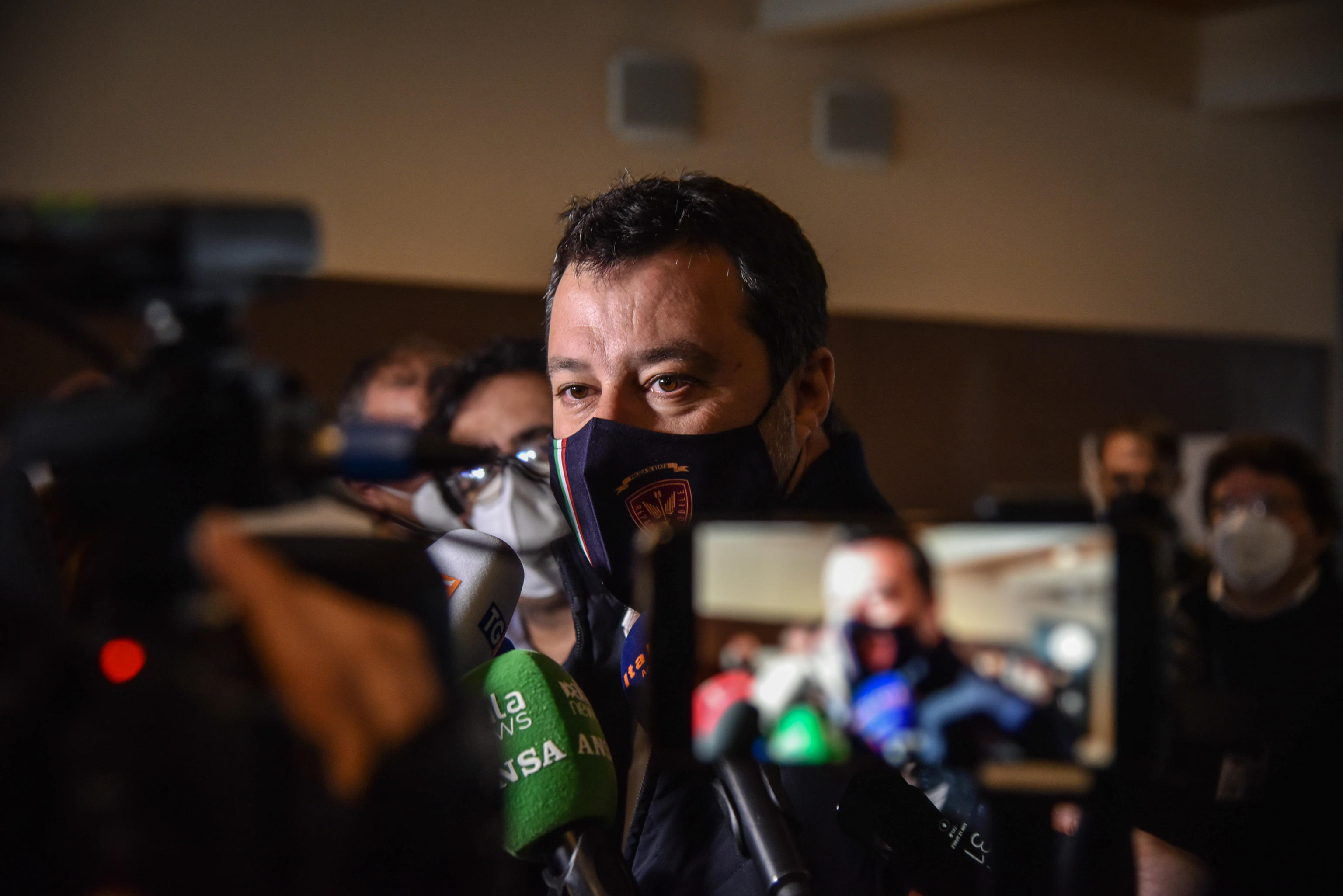 Il Leader della Lega Matteo Salvini in visita a Mind, il Milano Innovation District in costruzione nell'ex area Expo, 12 Aprile 2021. ANSA/MATTEO CORNER