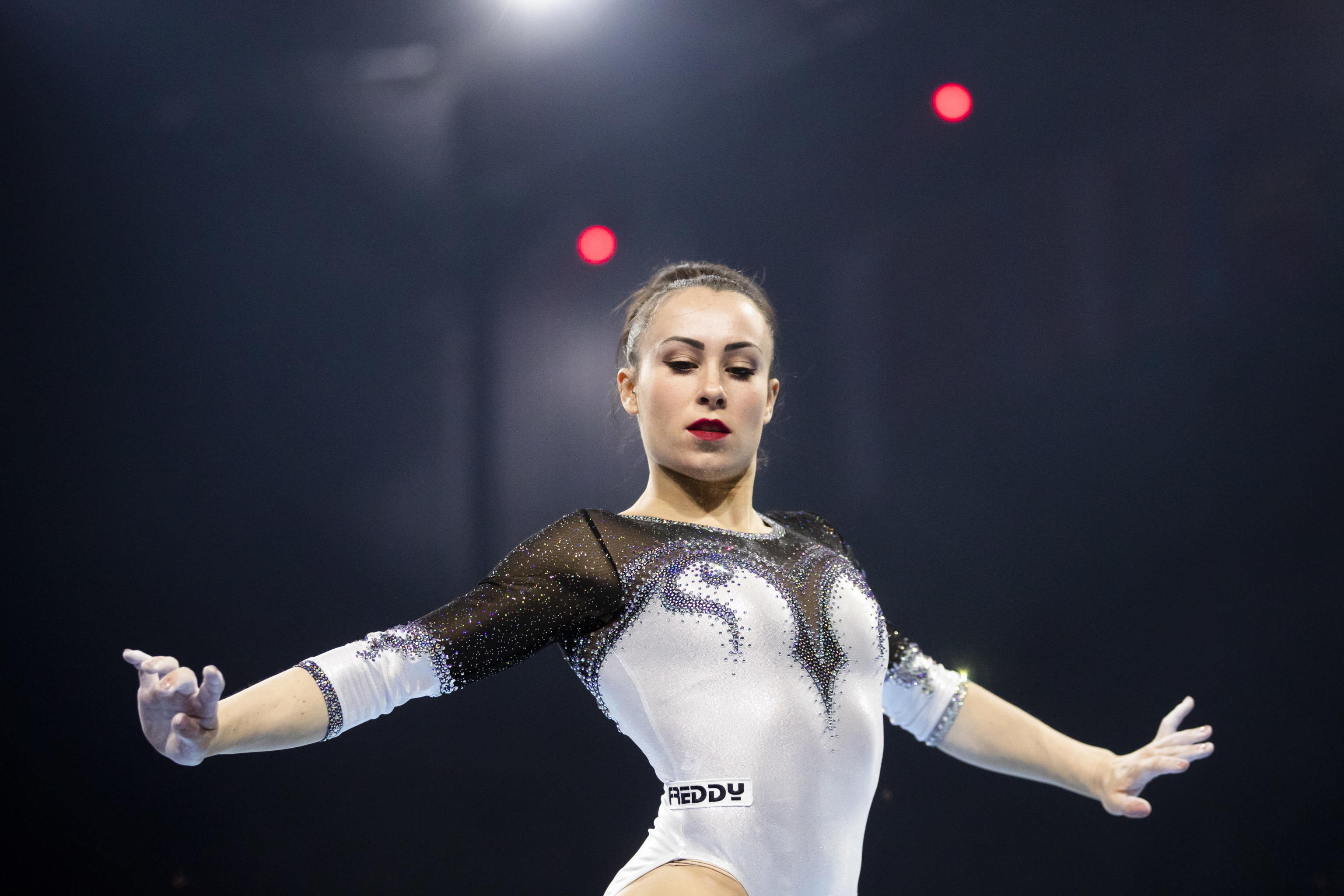 epa09158329 Italy's Vanessa Ferrari performs the floor exercise during the women's apparatus finals of the 2021 European Artistic Gymnastics Championships in Basel, Switzerland, 25 April 2021.  EPA/ALEXANDRA WEY