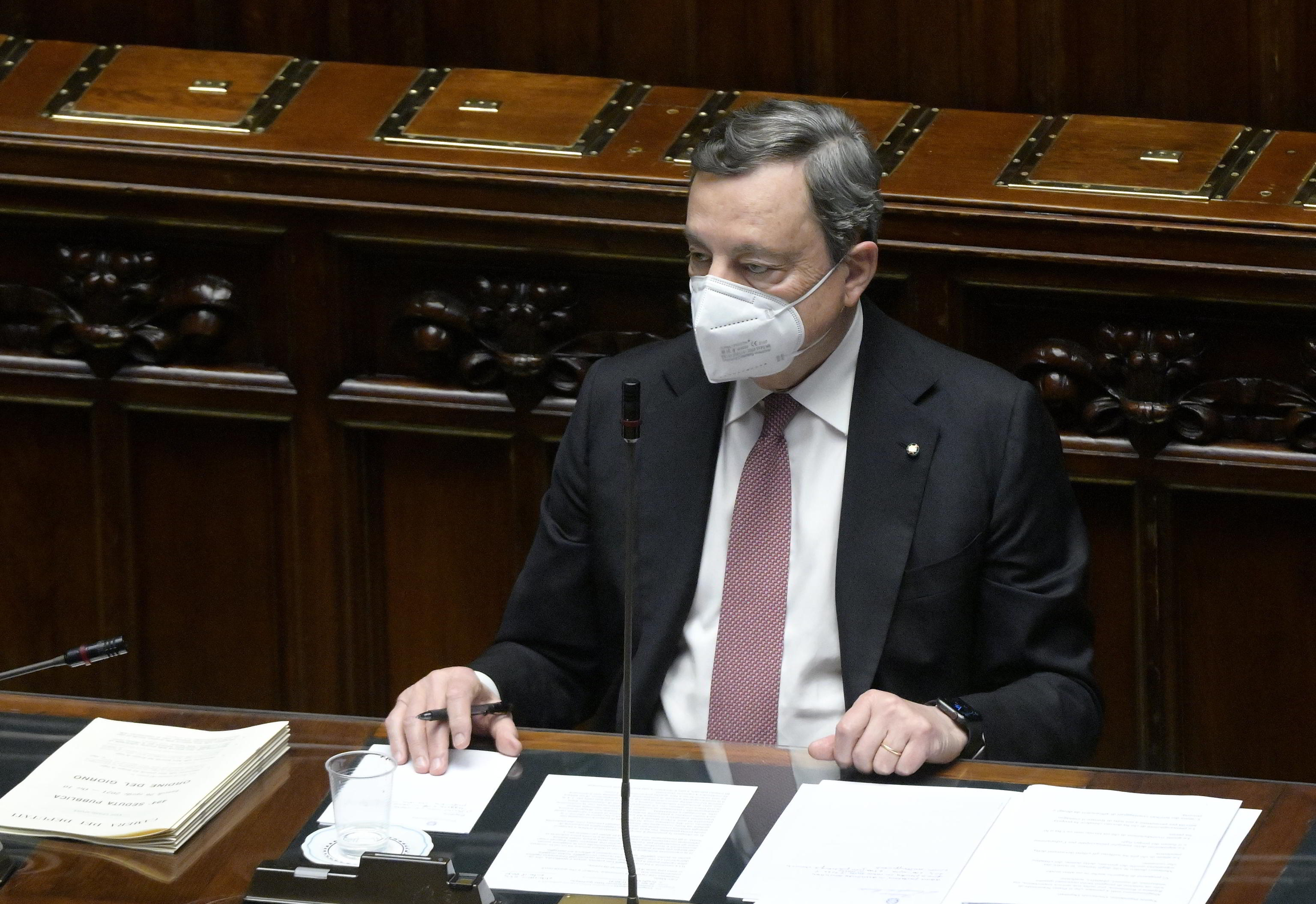 Italian Prime Minister Mario Draghi at the Chamber of Deputies during his communication on Recovery Plan, Rome, 26 april 2021. ANSA/CLAUDIO PERI