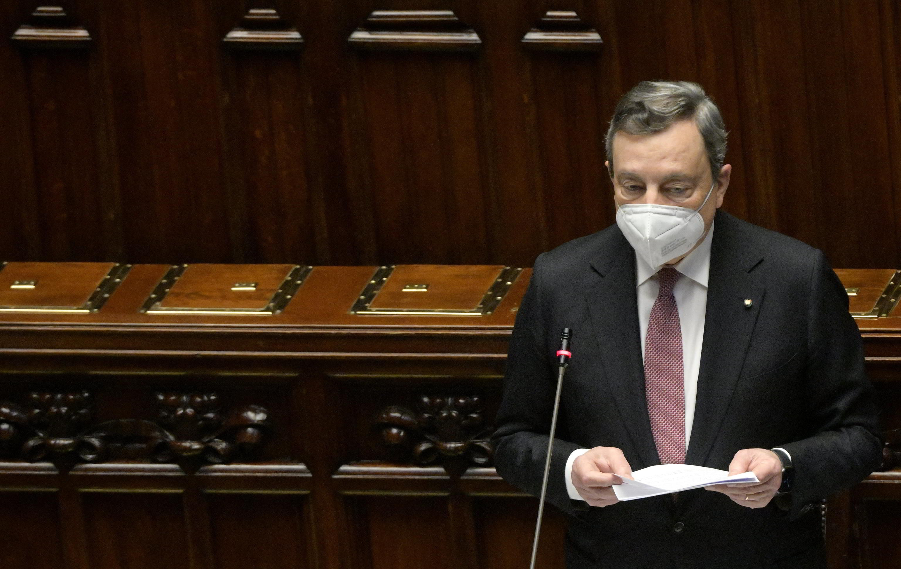 Italian Prime Minister Mario Draghi at the Chamber of Deputies during his communication on Recovery Plan, Rome, 26 april 2021. ANSA/CLAUDIO PERI&nbsp;