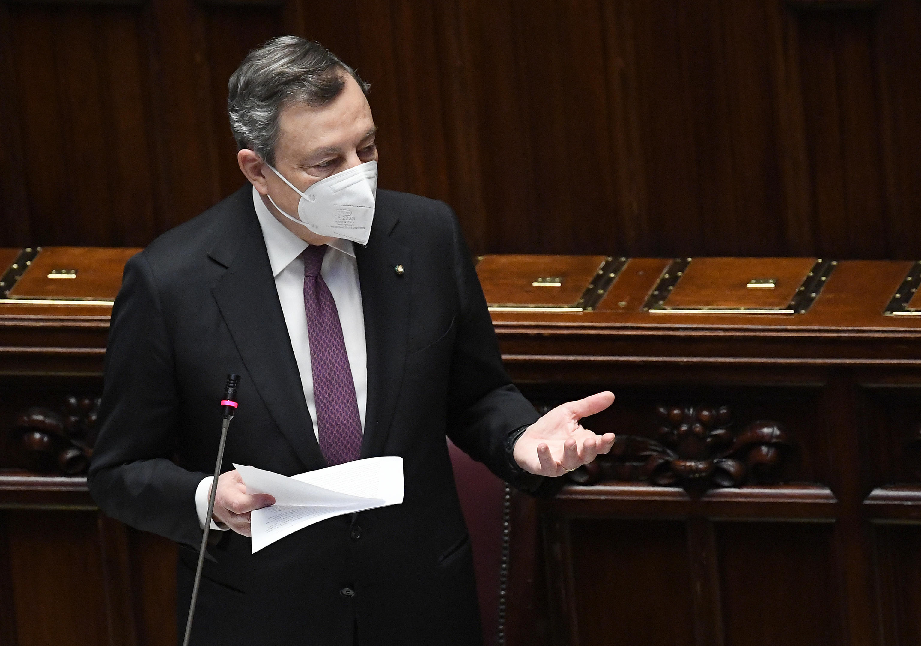 Italian Prime Minister Mario Draghi during the debate on Recovery Plan at the Chamber of Deputies in Rome, Italy, 27 April 2021.      ANSA/ETTORE FERRARI