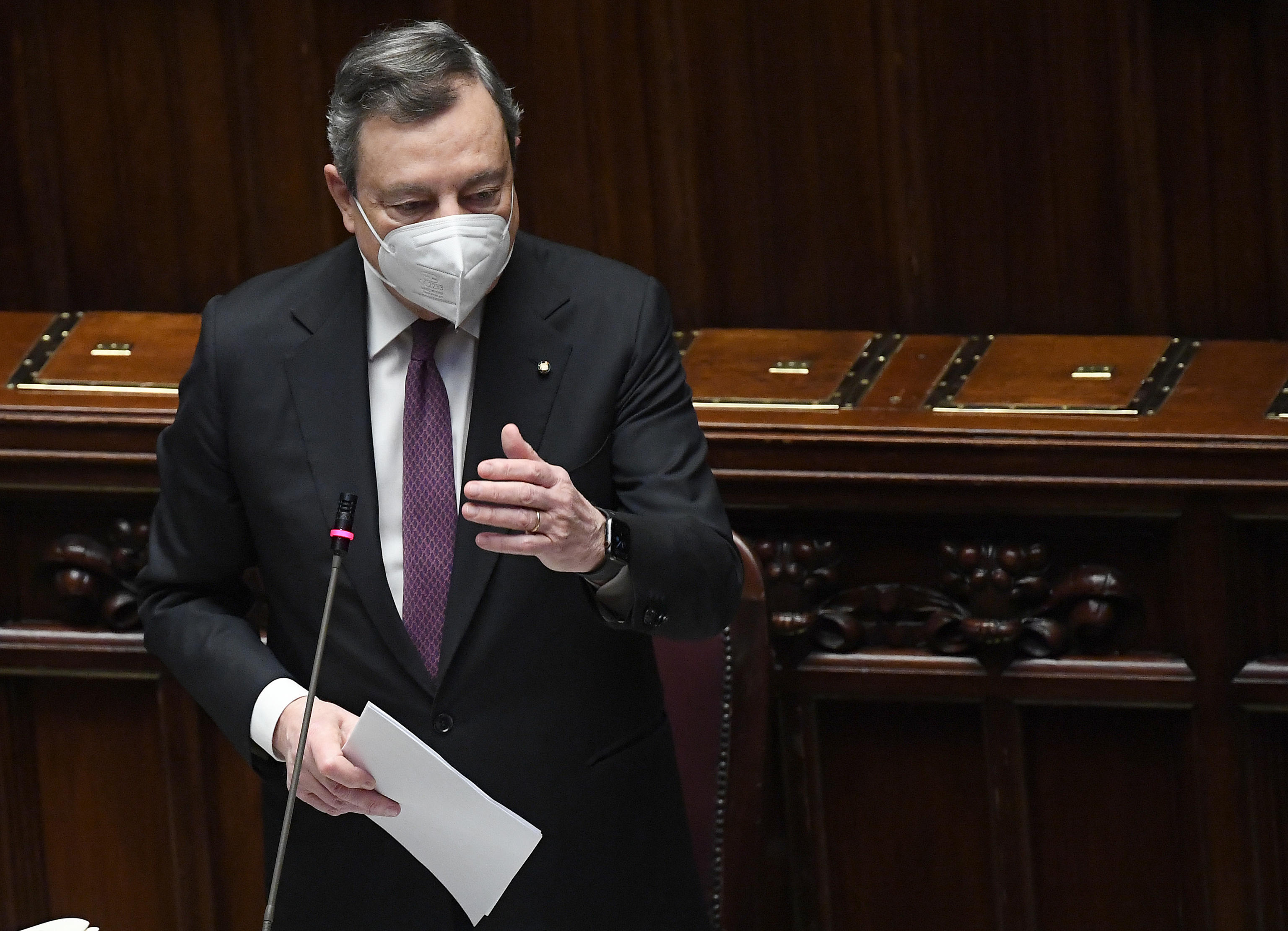 Italian Prime Minister Mario Draghi during the debate on Recovery Plan at the Chamber of Deputies in Rome, Italy, 27 April 2021.      ANSA/ETTORE FERRARI