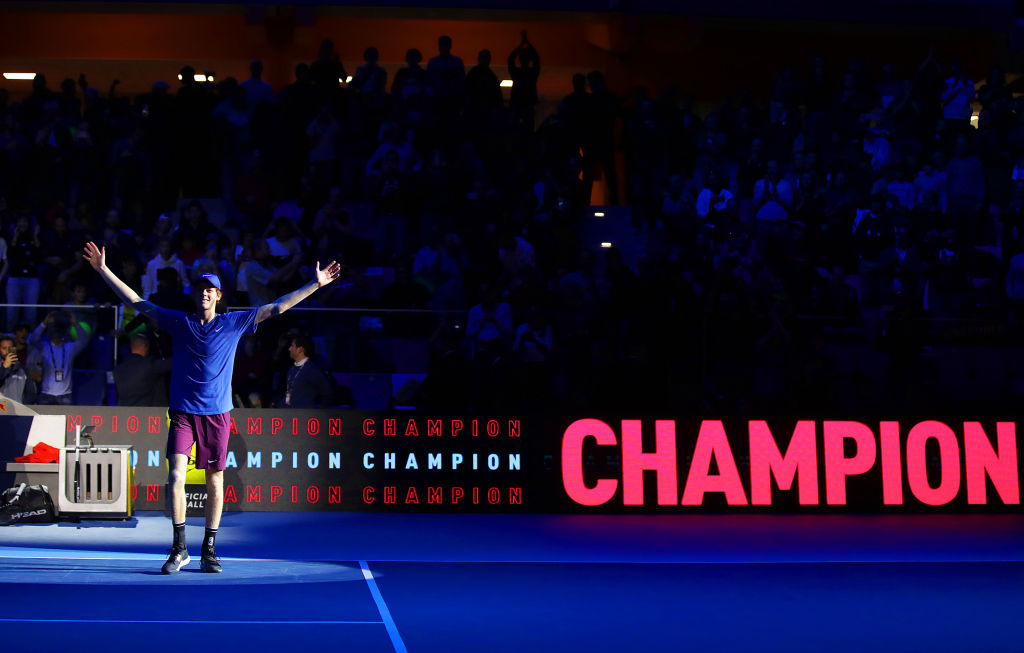Jannik Sinner celebra la vittoria contro Alex de Minaur alle Next Gen ATP Finals. 9 Novembre 2019, Milano