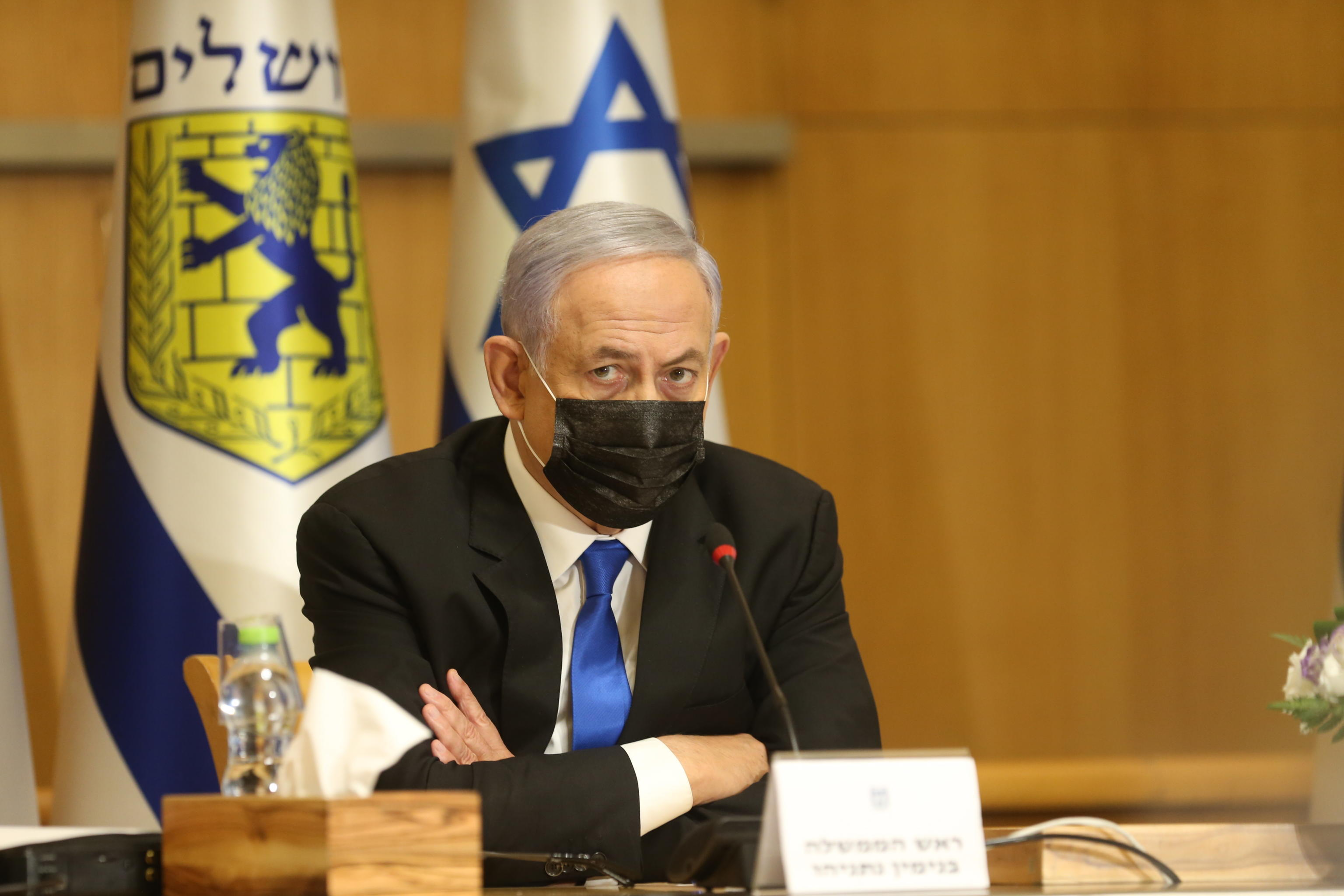 epa09187398 Israeli Prime Minister Benjamin Netanyahu  during a special cabinet meeting on the occasion of Jerusalem Day in Jerusalem, Israel, 09 May 2021. Jerusalem Day is an Israeli national holiday that celebrates the establishment of Israeli control over the Old City in the aftermath of the June 1967 Six-Day War.  EPA/AMIT SHABI/ POOL