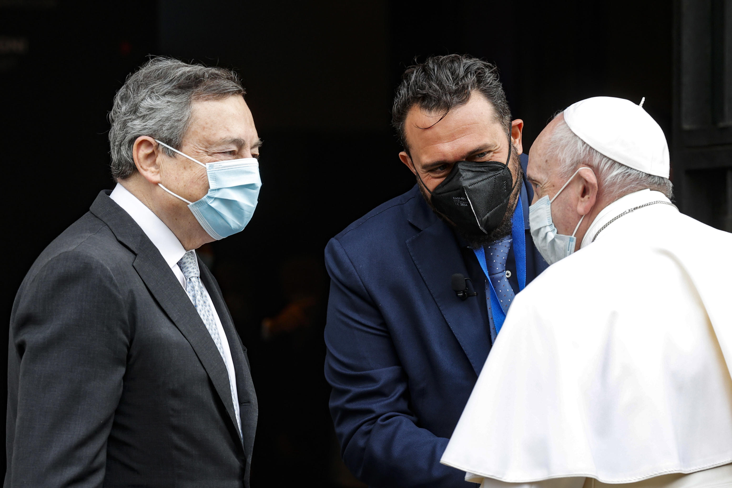 Italian premier Mario Draghi welcomes Pope Francis (R) at the auditorium of the Conciliation for the General States of Birth, Rome, Italy, May 14, 2021. ANSA / GIUSEPPE LAMI