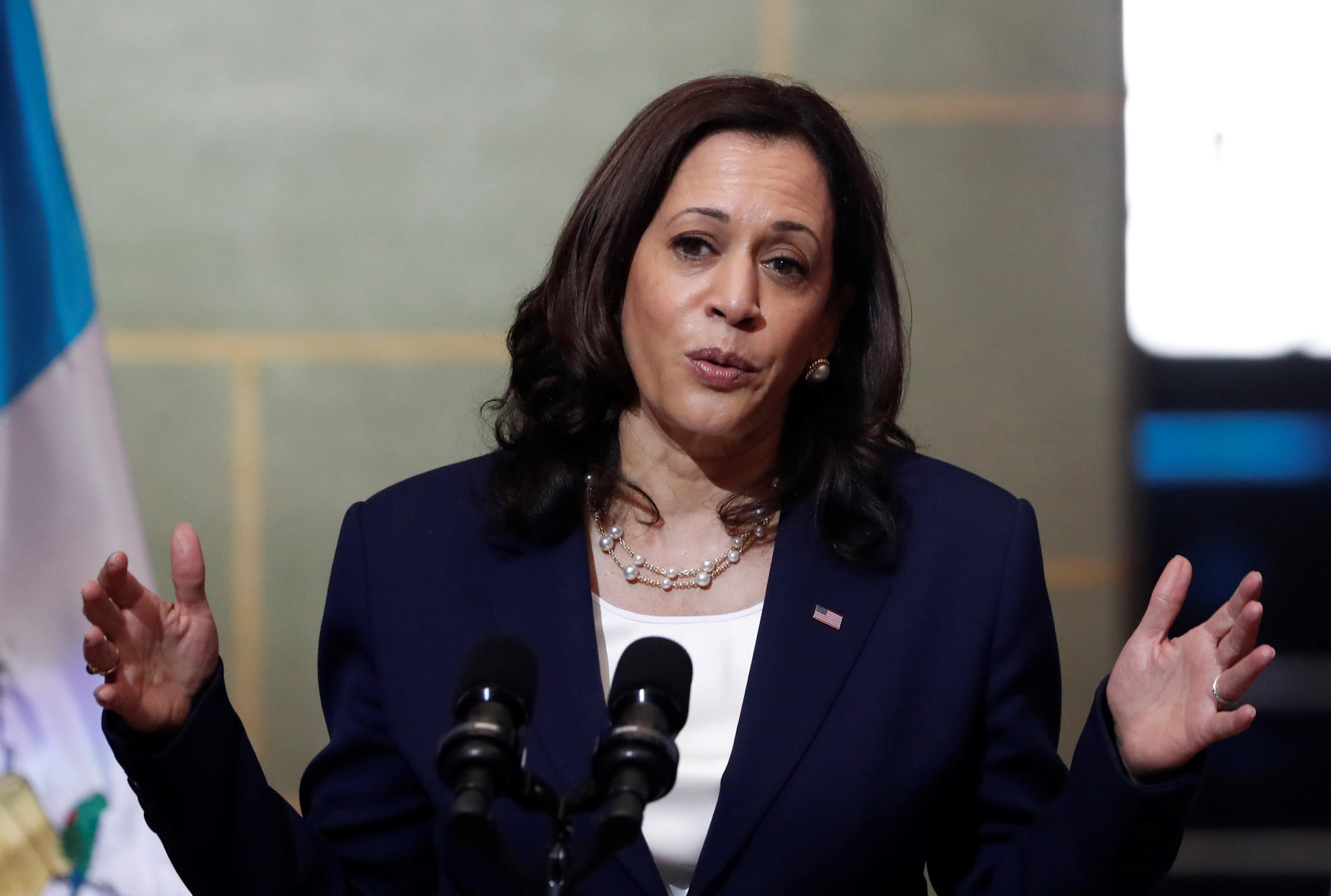 epa09253757 US Vice President Kamala Harris speaks during a press conference after a meeting with the President of Guatemala, Alejandro Giammattei, and his government ministers in the National Palace of Culture, in Guatemala City, Guatemala, 07 June 2021. The President of Guatemala, Alejandro Giammattei, received the US Vice President Kamala Harris at the National Palace for a meeting in which they will address illegal migration and other issues.  EPA/Esteban Biba