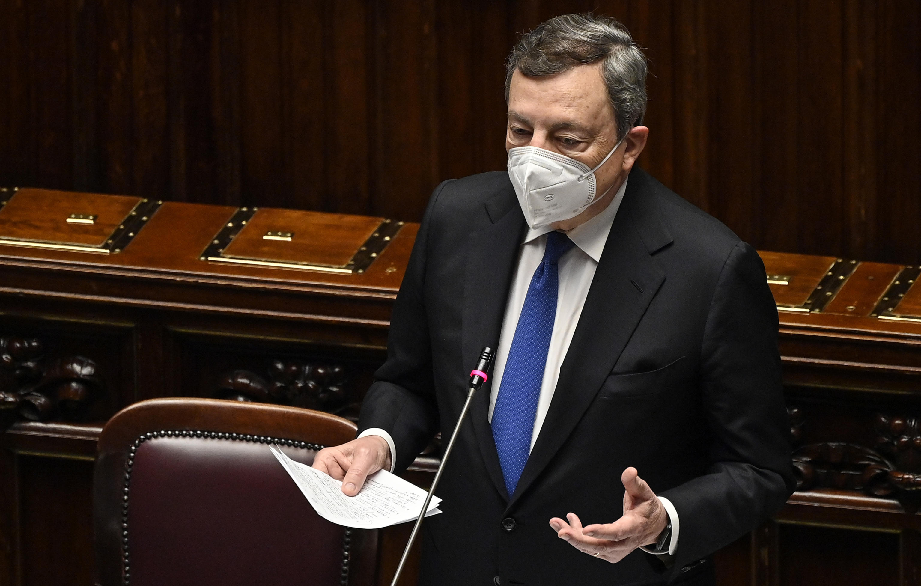 Italian Prime Minister Mario Draghi delivers a speech at the Lower House before the upcoming European Council meeting, Rome, Italy, 23 June 2021. ANSA/RICCARDO ANTIMIANI