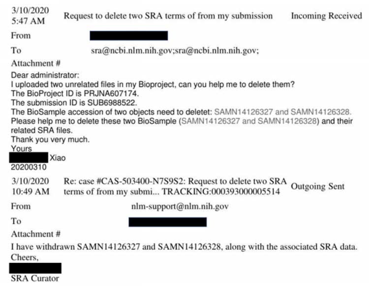 Email di richiesta di rimozione dal database SRA
