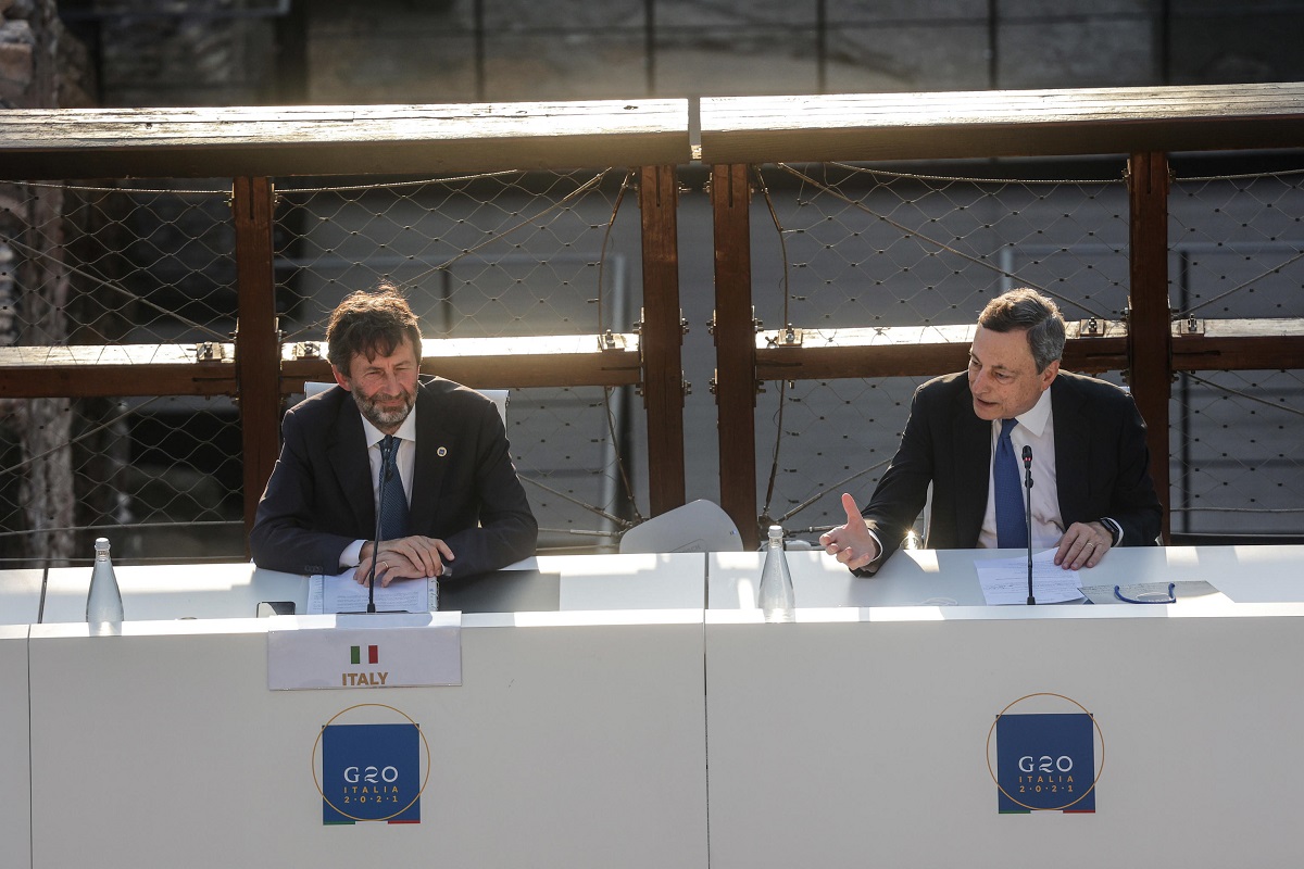 Italian Minister of Culture Dario Franceschini (L) and Italian Prime Minister Mario Draghi, partecipate at the G20 meeting of the Ministers of Culture in the Colosseum, in Rome, Italy, 29 July 2021. ANSA/GIUSEPPE LAMI