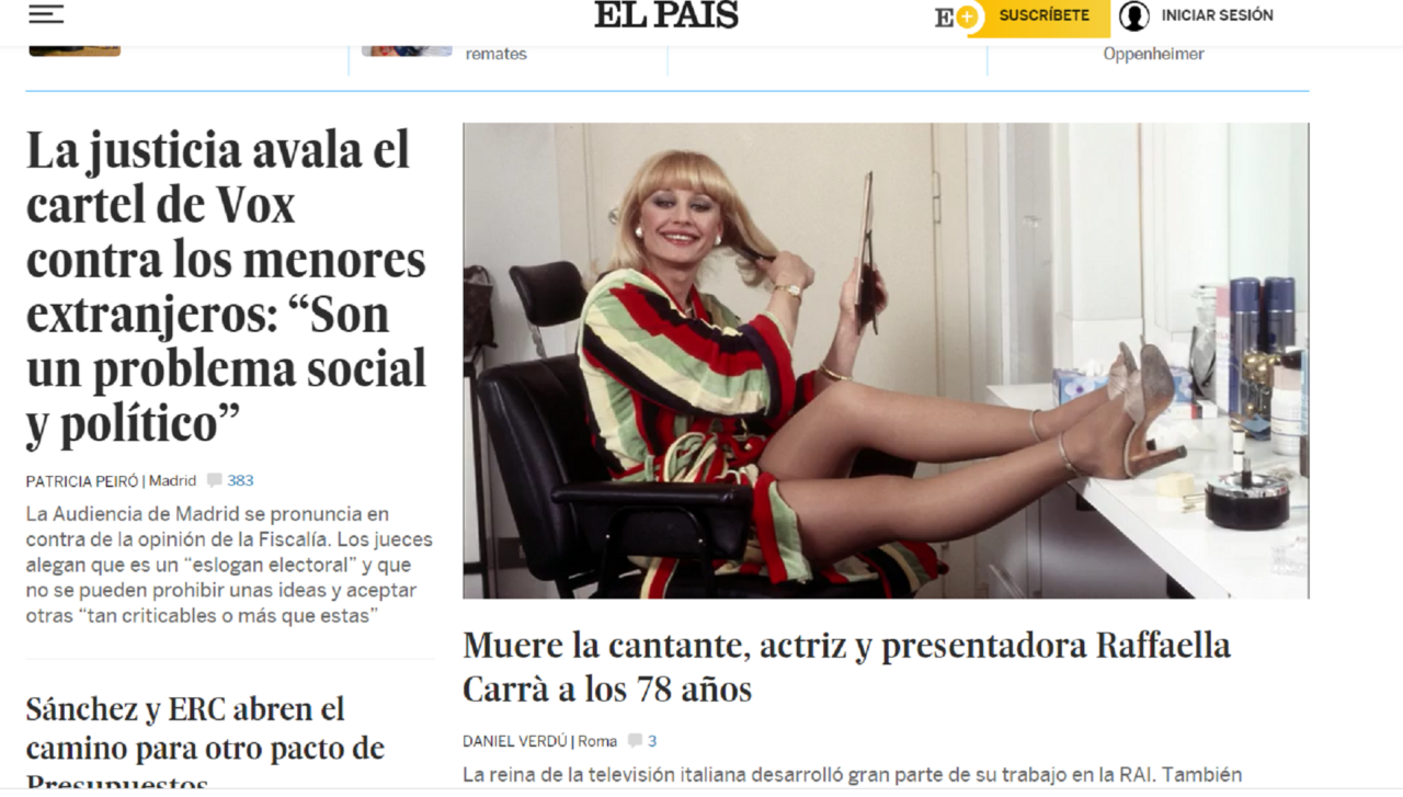 La notizia della morte di Raffaella Carrà su El Pais