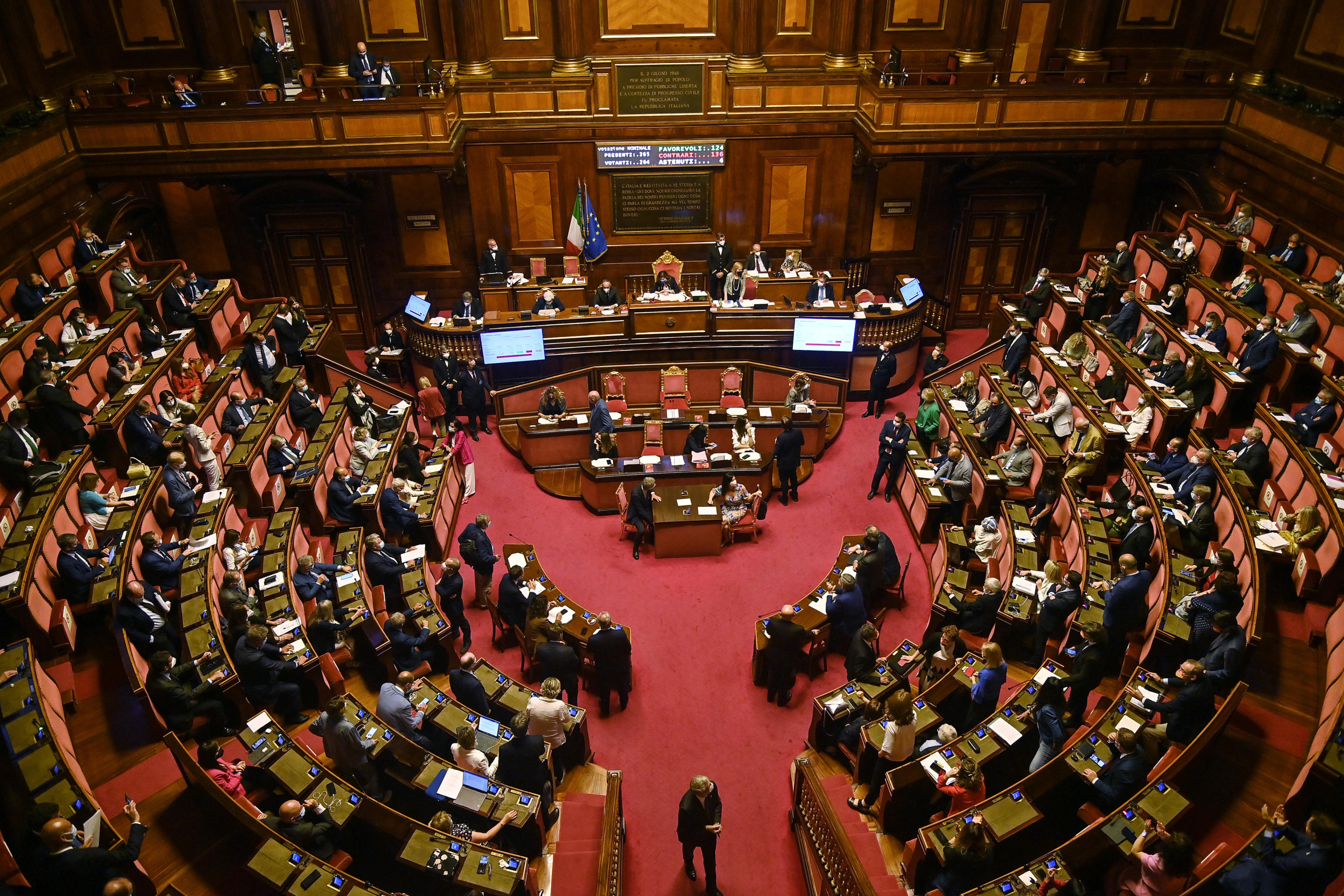 Il risultato del voto sulle pregiudiziali durante la discussione in Senato sul ddl Zan, Roma, 13 luglio 2021. ANSA/RICCARDO ANTIMIANI