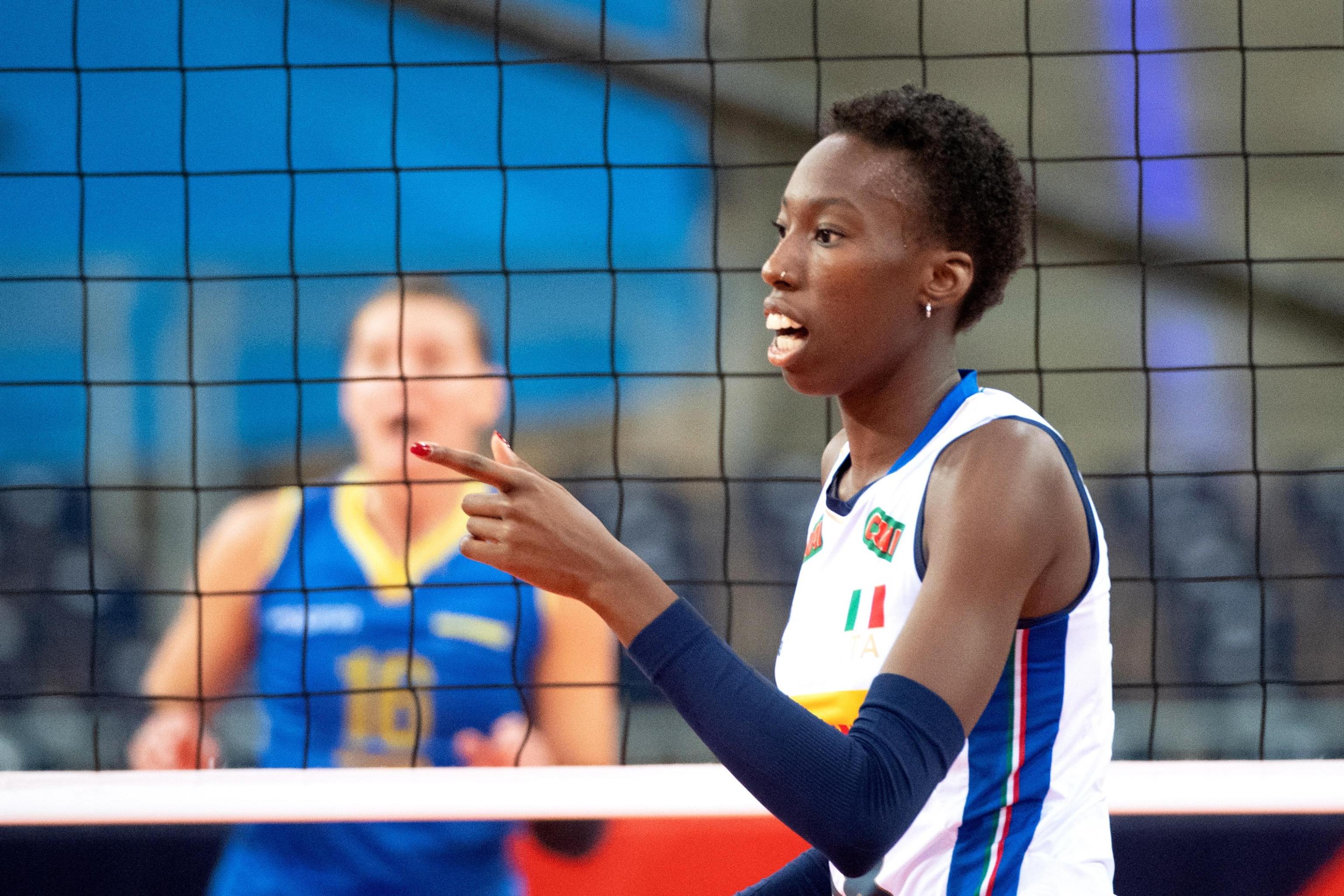 epa07794105 Paola Ogechi Egonu of Italy reacts during the 2019 CEV Volleyball Women European Championship match between Ukraine and Italy in Lodz, Poland, 25 August 2019.  EPA/GRZEGORZ MICHALOWSKI POLAND OUT