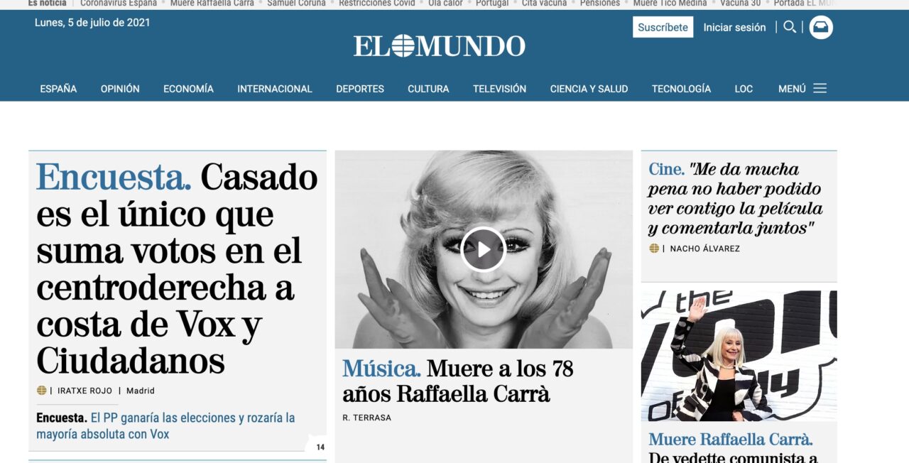 La notizia della morte di Raffaella Carrà su El Mundo