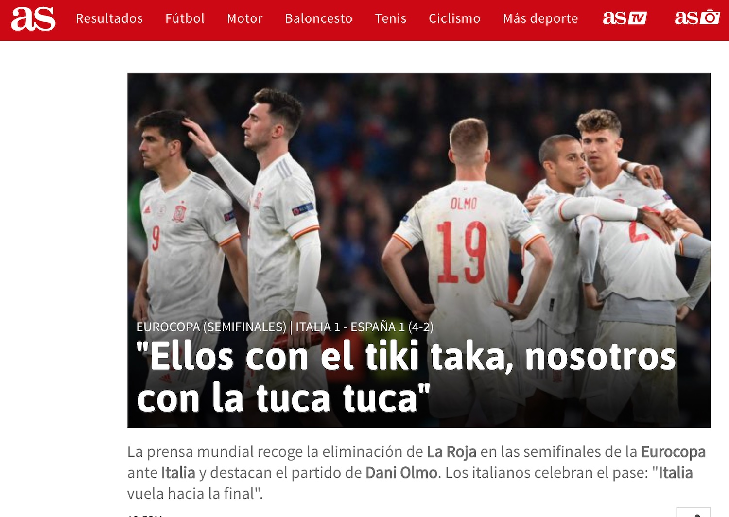 La home page del quotidiano As dopo la sconfitta della Spagna contro l'Italia