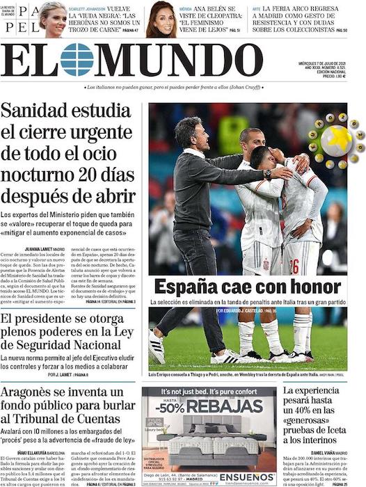 La prima pagina del quotidiano El Mundo dopo Italia-Spagna
