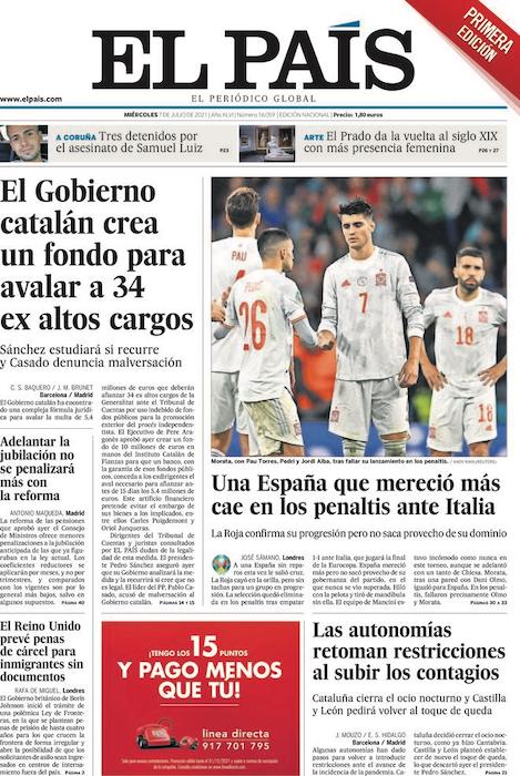 La prima pagina del quotidiano El Pais dopo Italia-Spagna