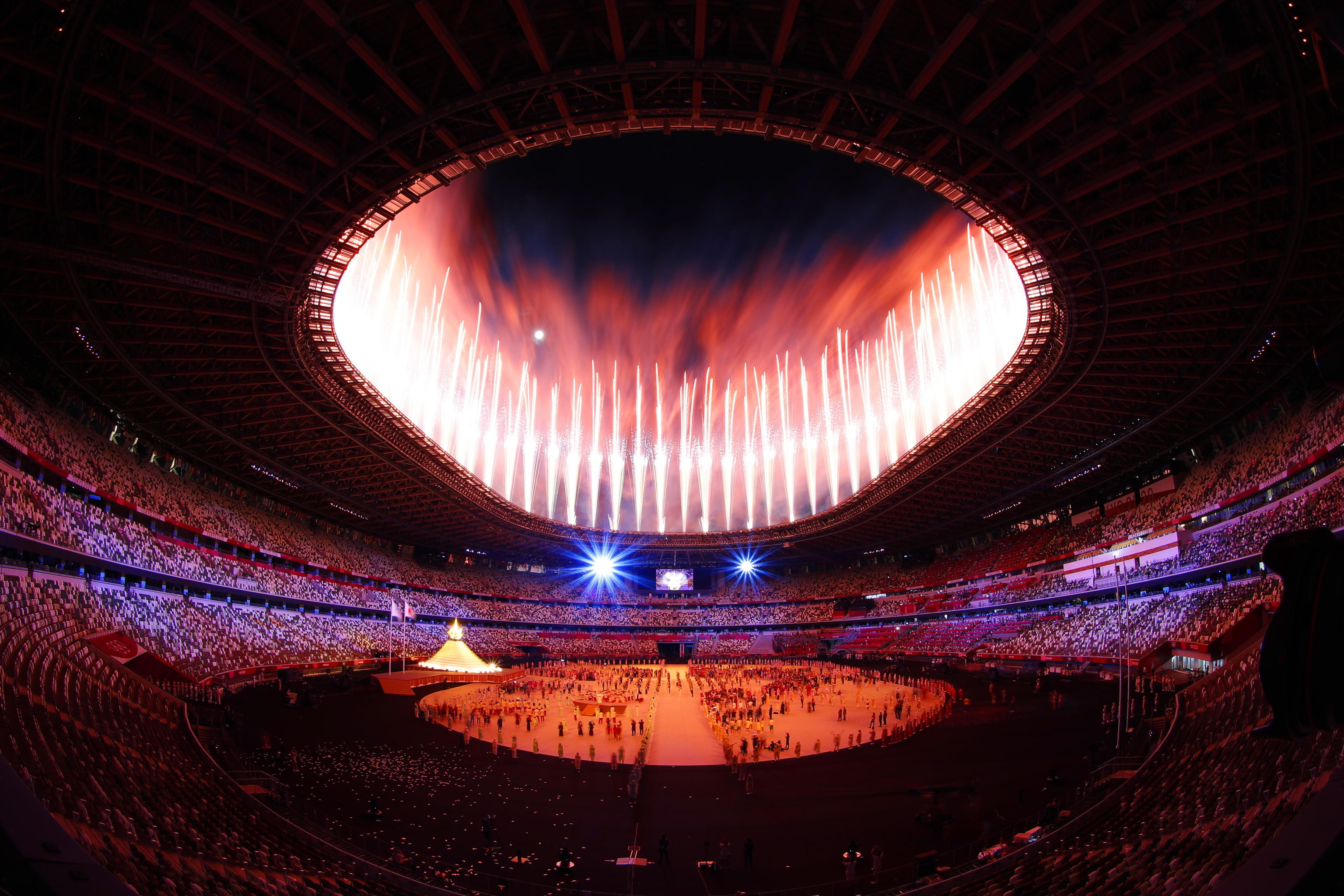 epa09360136 

Fireworks go off at the end of the Opening Ceremony of the Tokyo 2020 Olympic Games at the Olympic Stadium in Tokyo, Japan, 23 July 2021.  EPA/RITCHIE B. TONGO