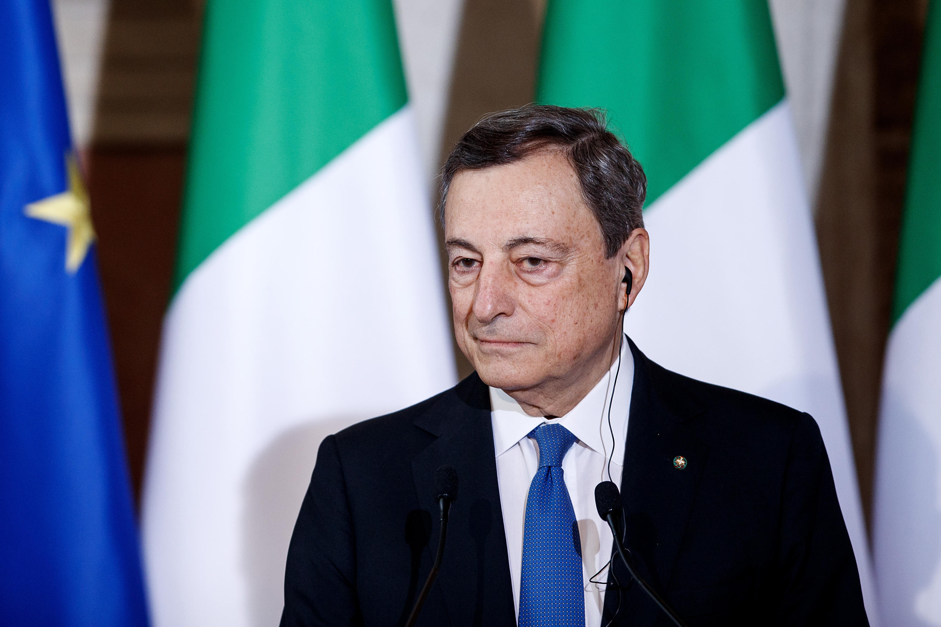 Prime Minister Mario Draghi (R) speaks during the press conference with French President Emmanuel Macron at Villa Madama in Rome, Italy, 26 November 2021.
ANSA/POOL Roberto Monaldo / LaPresse