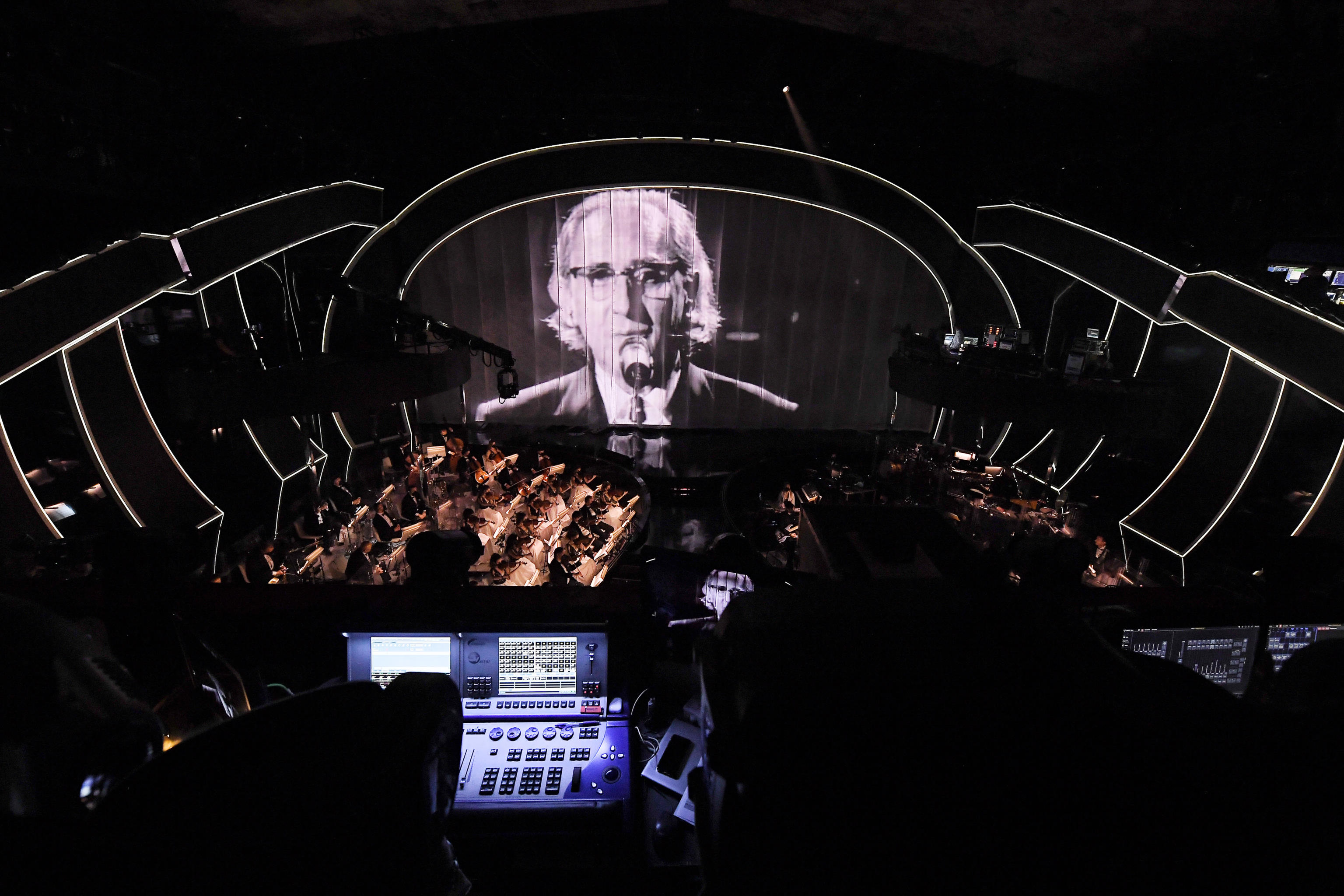 The tribute to Italian singer and musician Franco Battiato, passed away last year, on the stage of the Ariston theatre during the 72nd Sanremo Italian Song Festival, Sanremo, Italy, 01 February 2022. The music festival runs from 01 to 05 February 2022. ANSA/ETTORE FERRARI
