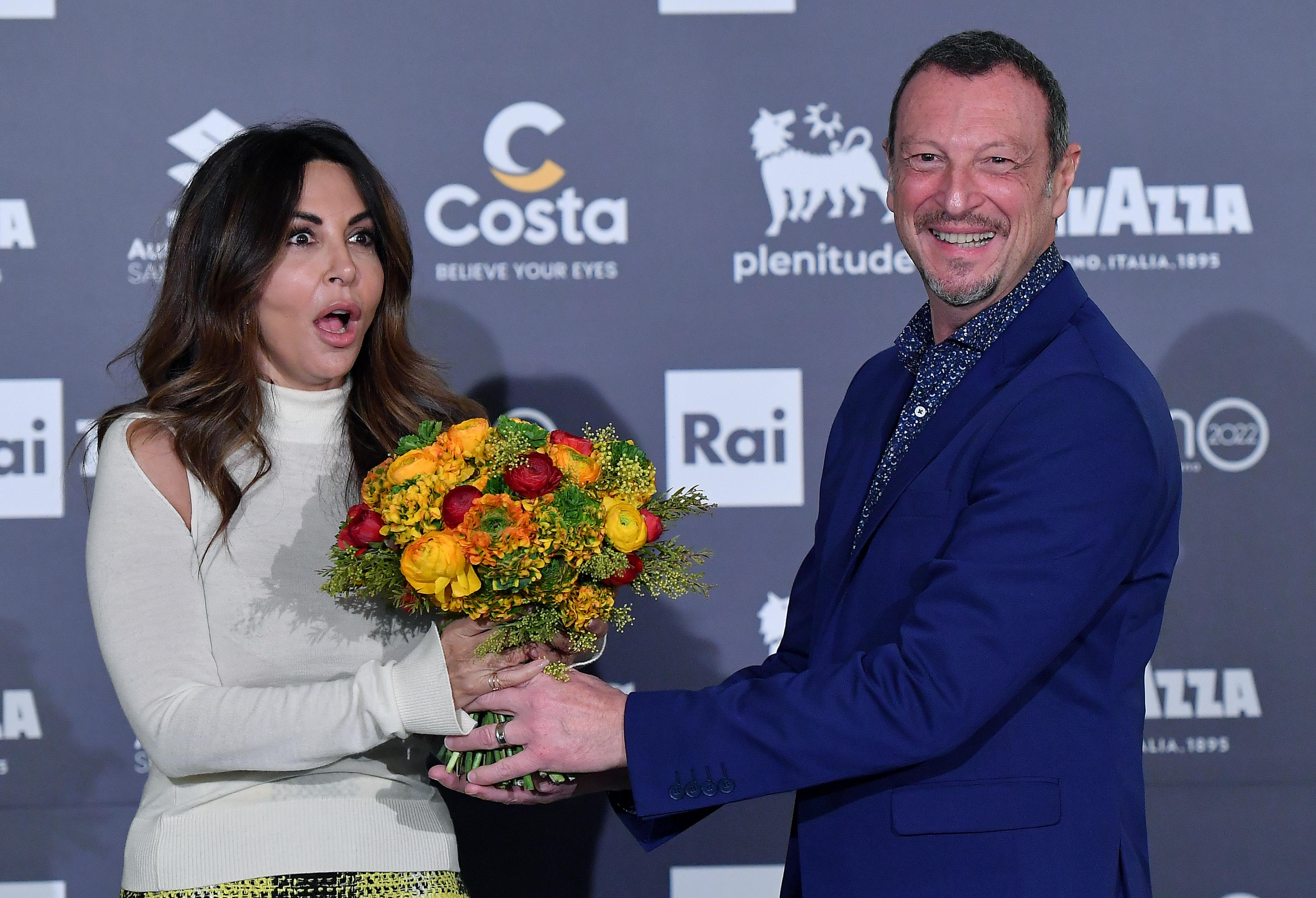 Sanremo Festival host and artistic director, Amadeus, and Italian actress Sabrina Ferilli  (L) pose during a photocall on occasion of the 72nd Sanremo Italian Song Festival, in Sanremo, Italy, 05 February 2022. The music festival runs from 01 to 05 February.   ANSA/ETTORE FERRARI