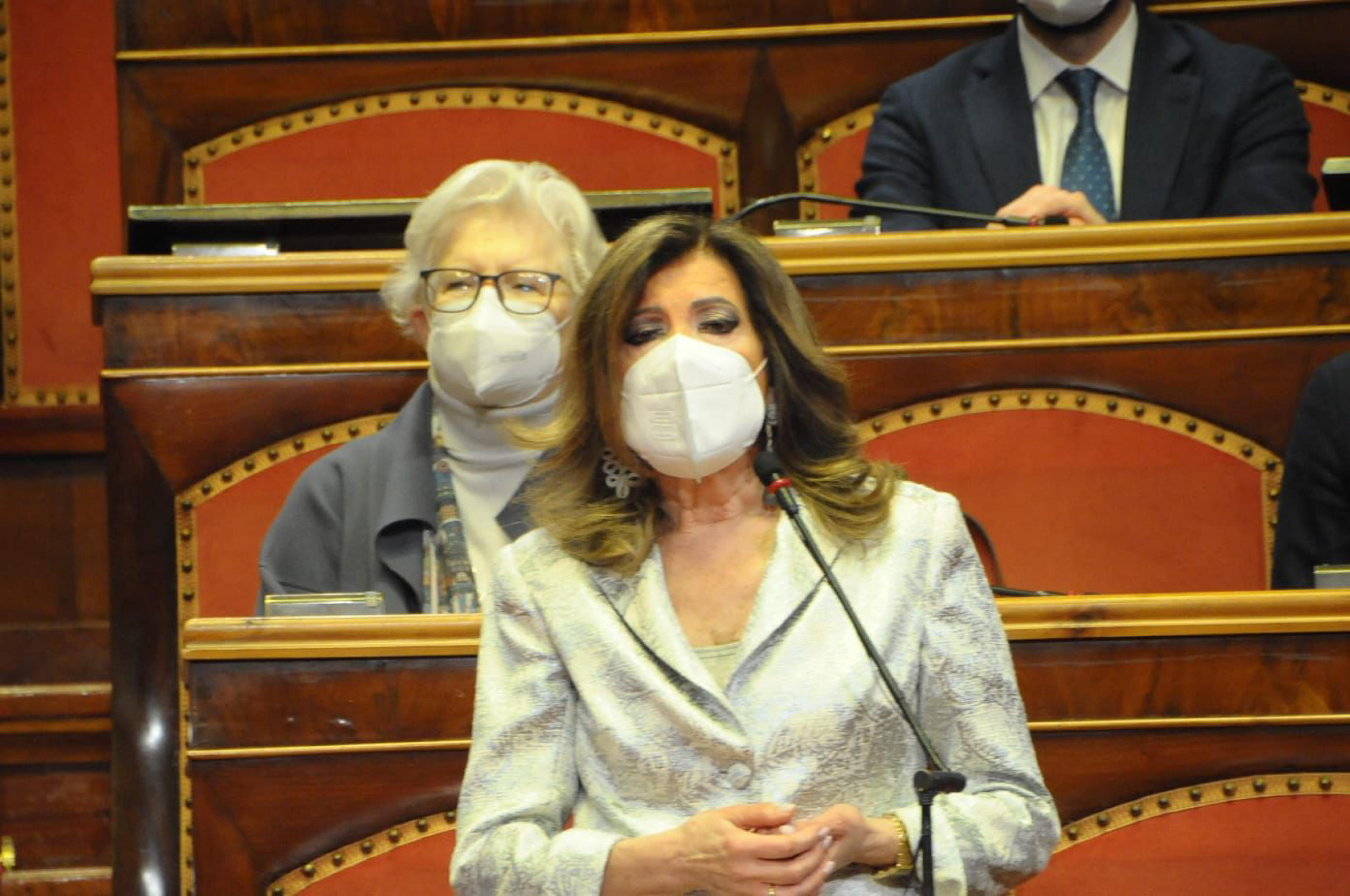La Presidente del Senato, Maria Elisabetta Alberti Casellati durante il ventunesimo appuntamento di "Senato&amp;Cultura" dedicato al grande artista ed intellettuale italiano, Pier Paolo Pasolini, al Senato, Roma, 9 aprile 2022. ANSA/ UFFICIO STAMPA ++O - NO SALES EDITORIAL USE ONLY++